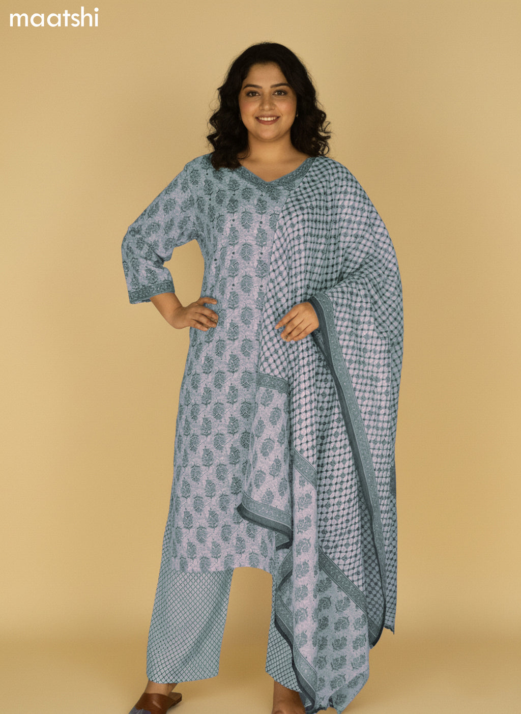 Beige and Grey Shade Cotton Printed Straight Suit
