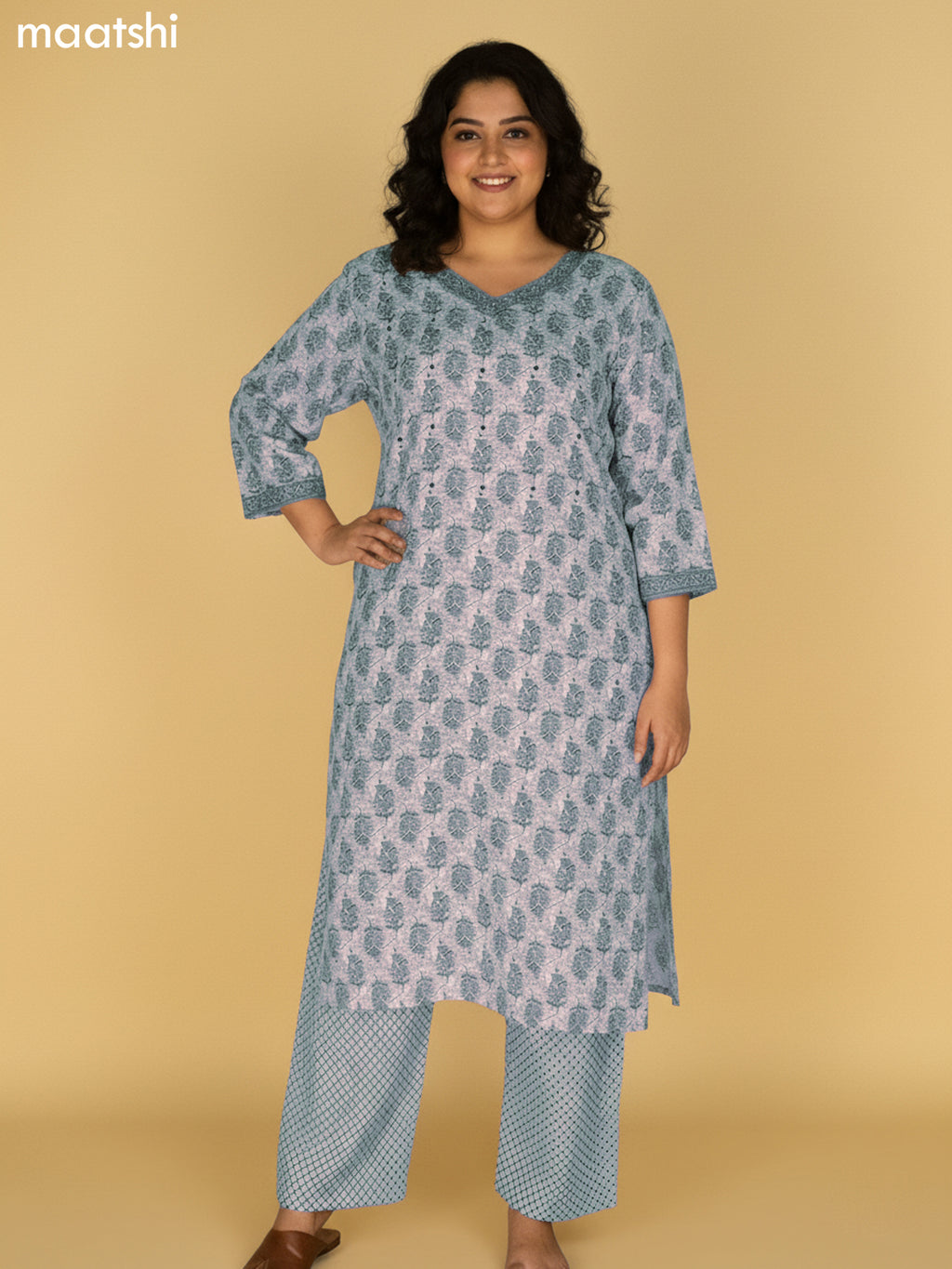 Beige and Grey Shade Cotton Printed Straight Suit