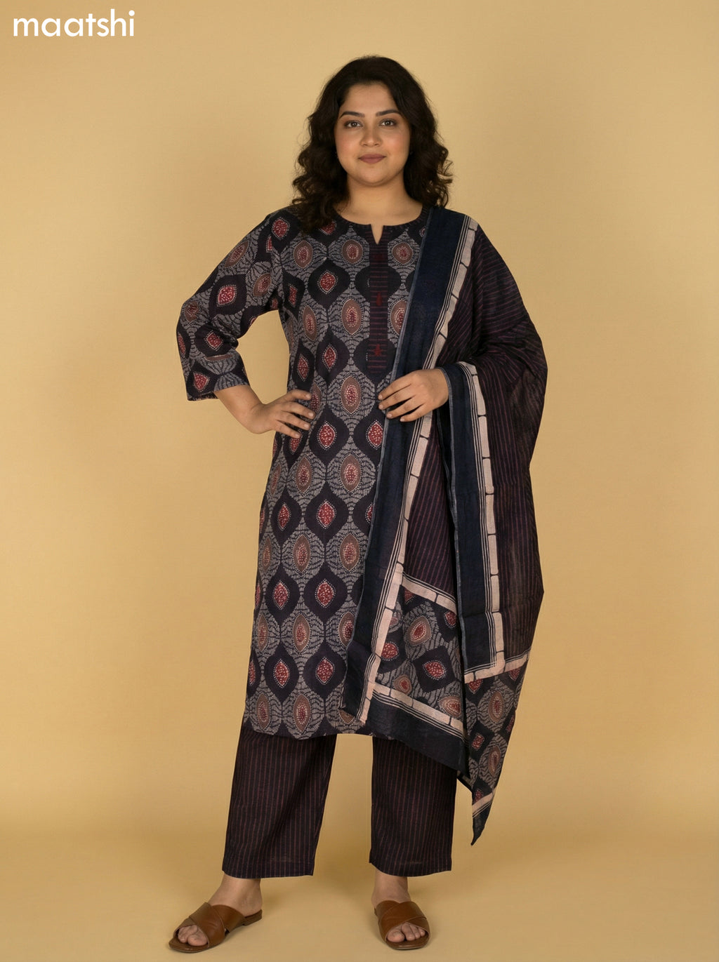 Black Cotton Printed Straight Suit