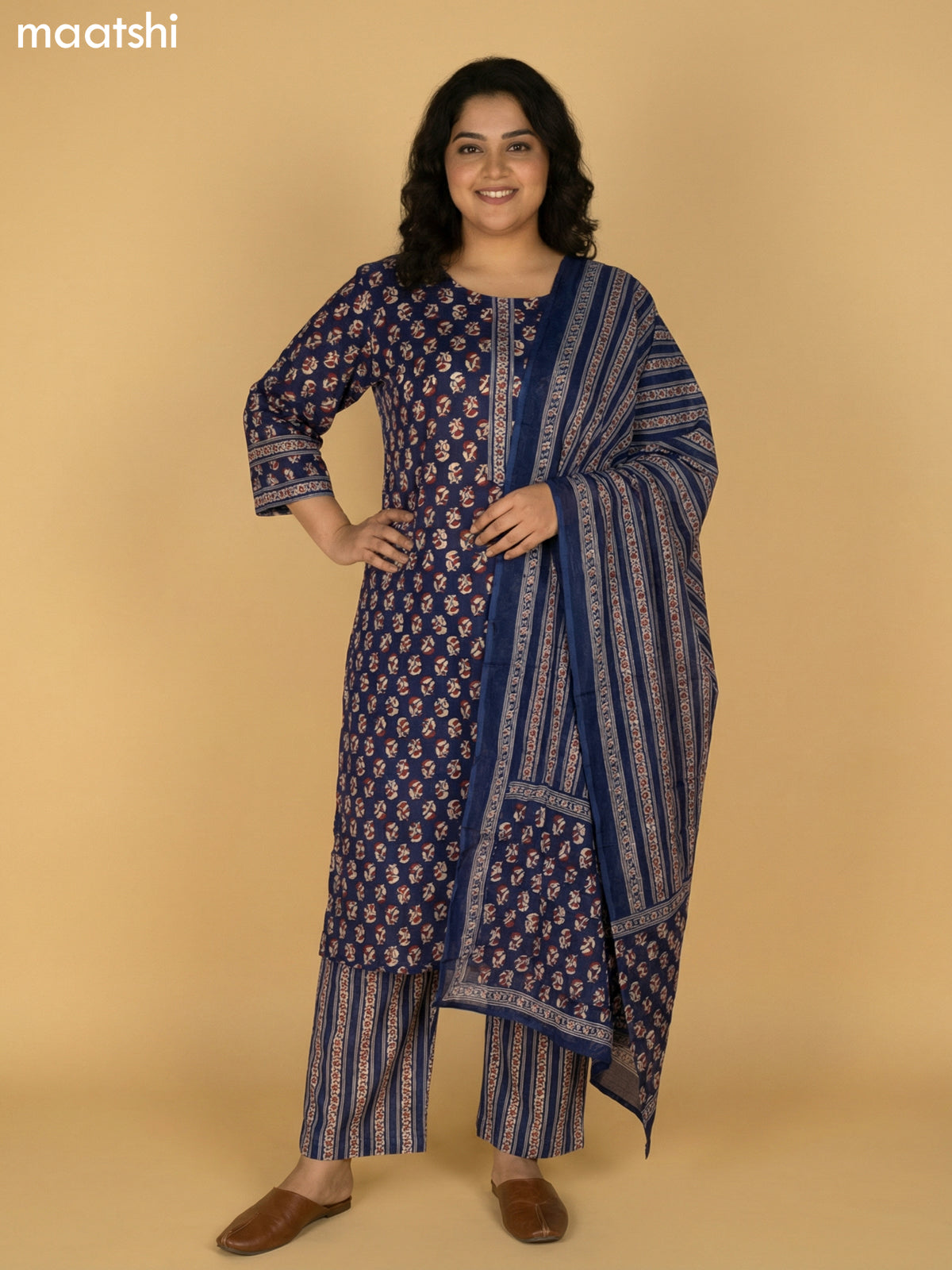 Navy Blue Cotton Printed Straight Suit