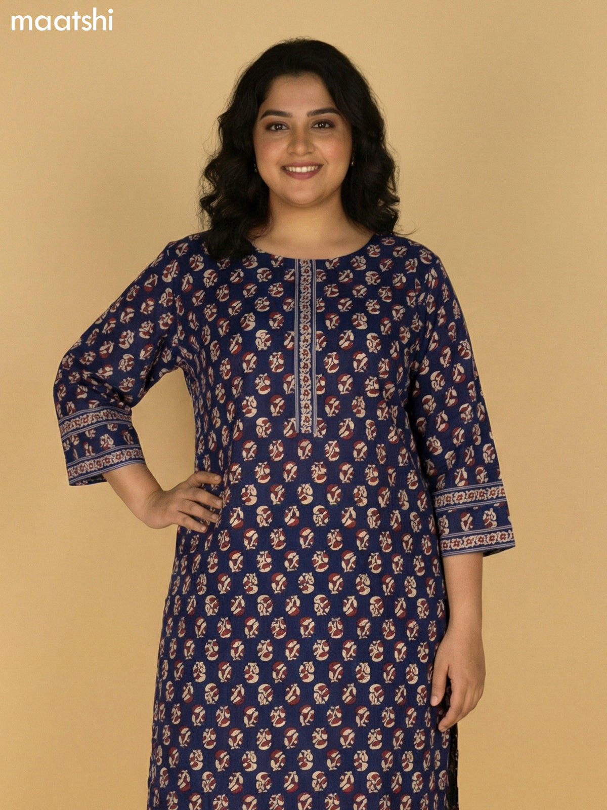 Navy Blue Cotton Printed Straight Suit