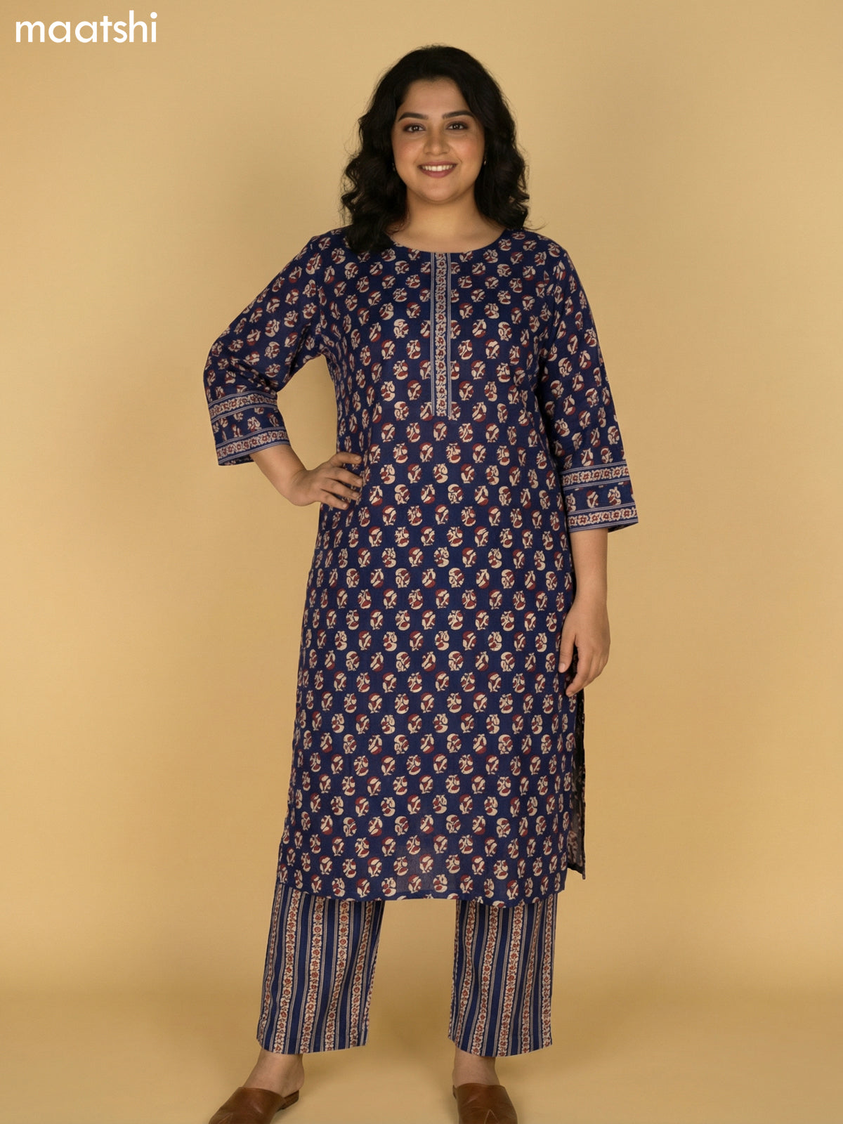 Navy Blue Cotton Printed Straight Suit