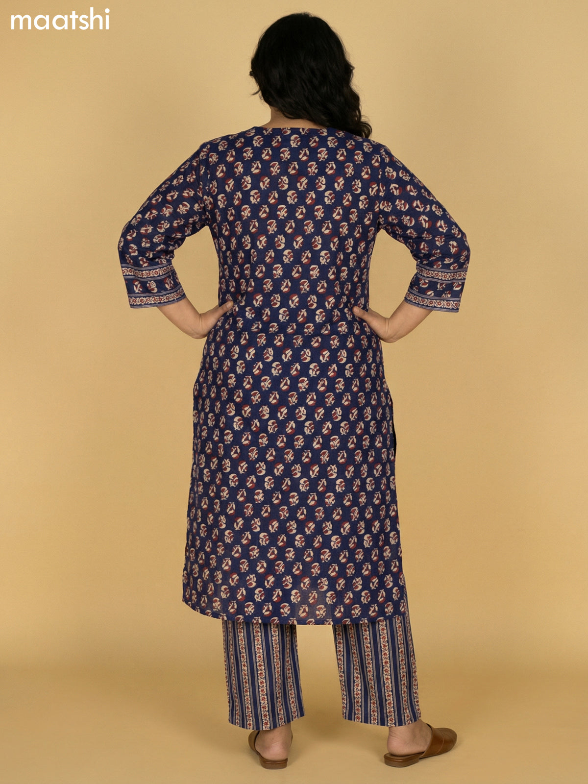 Navy Blue Cotton Printed Straight Suit