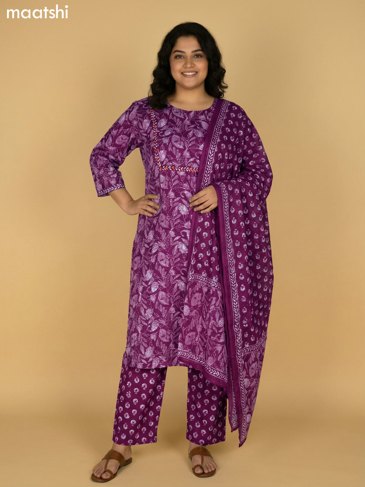 Magenta Pink Cotton Printed Straight Suit