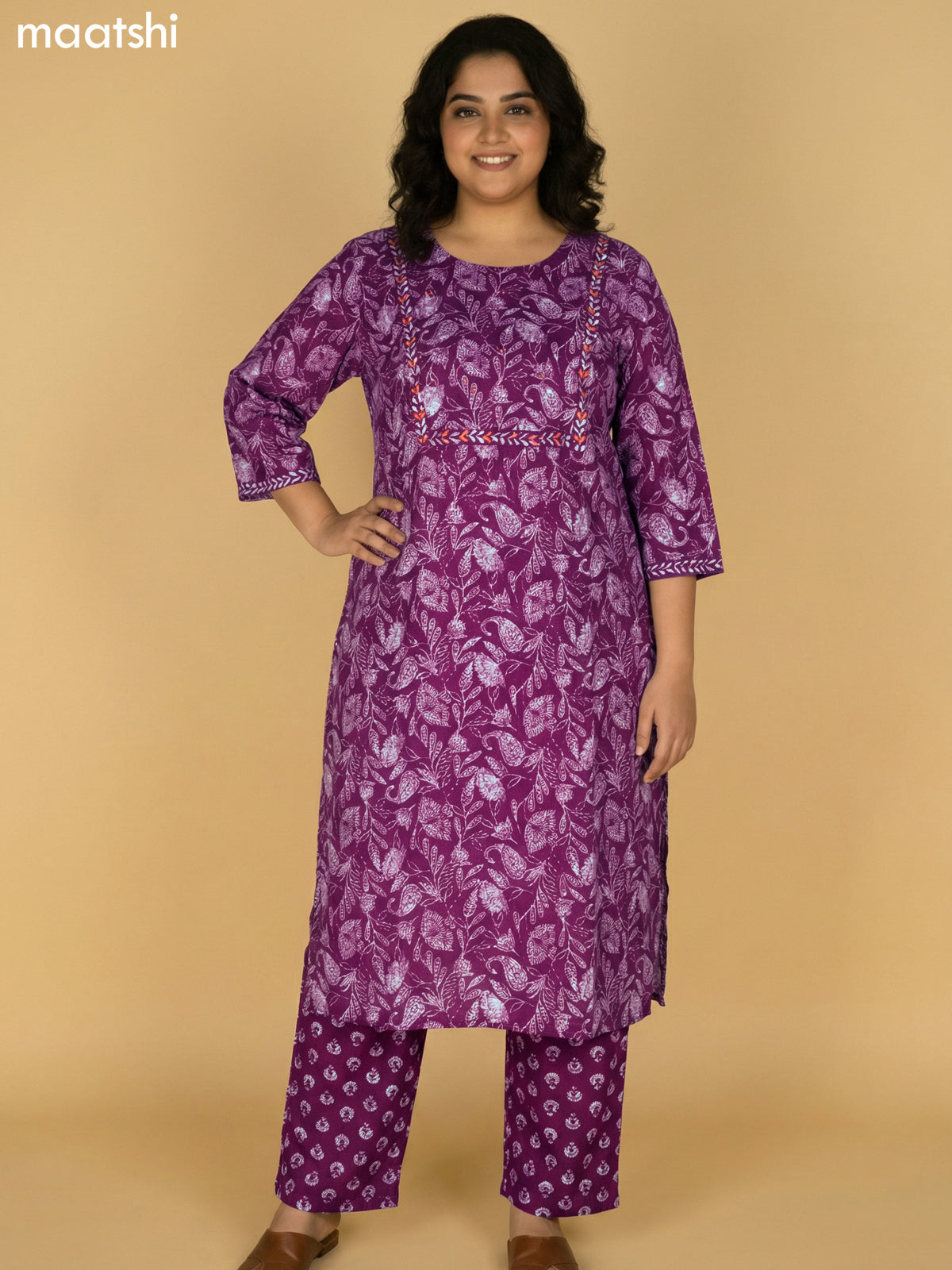 Magenta Pink Cotton Printed Straight Suit