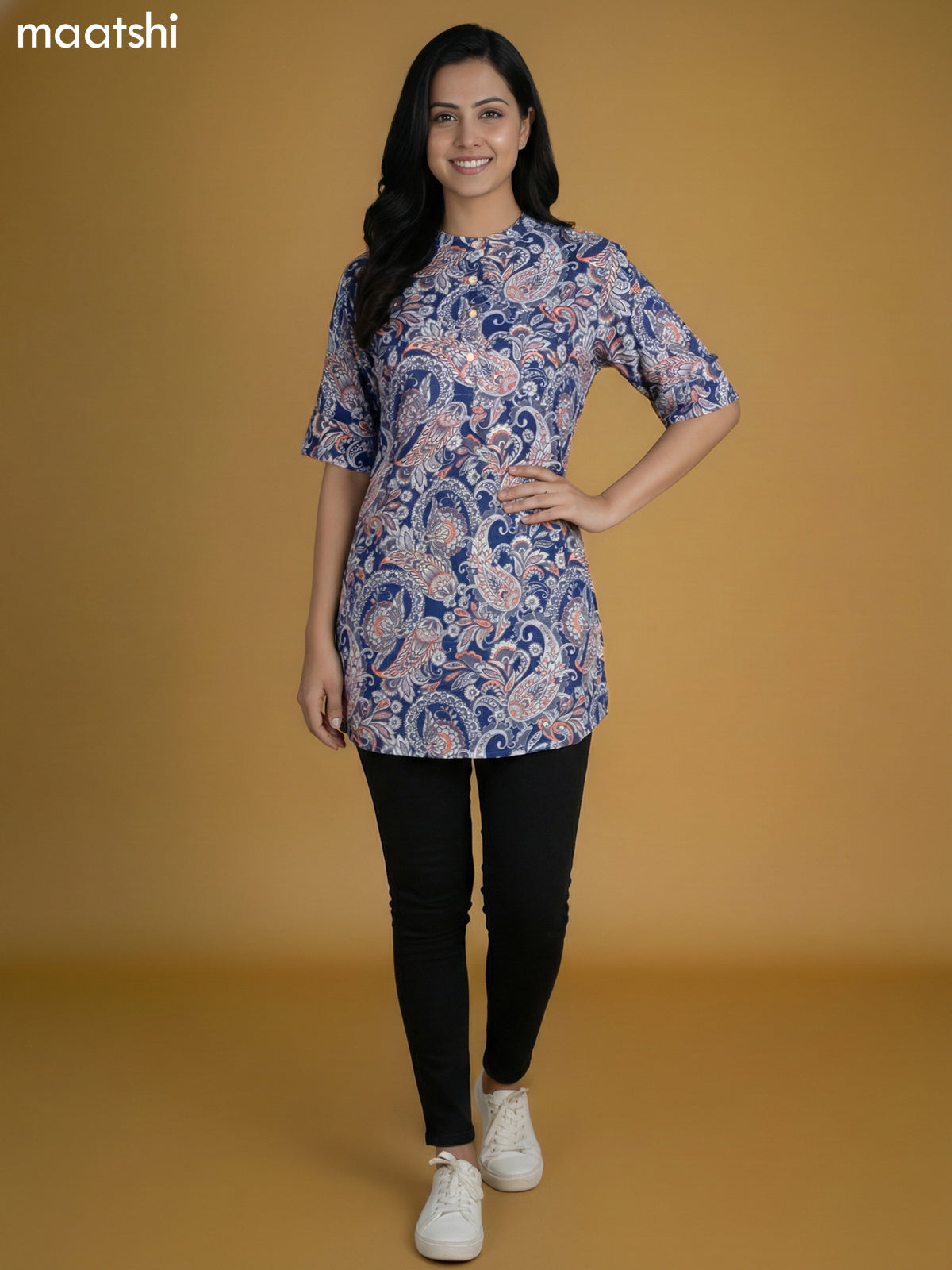 Blue Cotton Printed Short Kurti