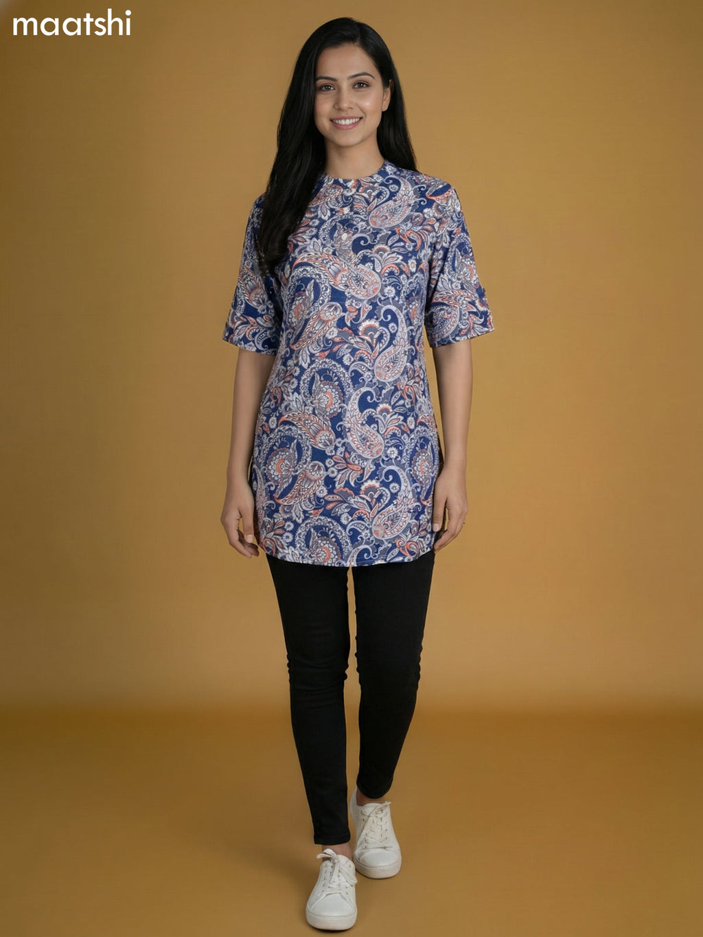 Blue Cotton Printed Short Kurti