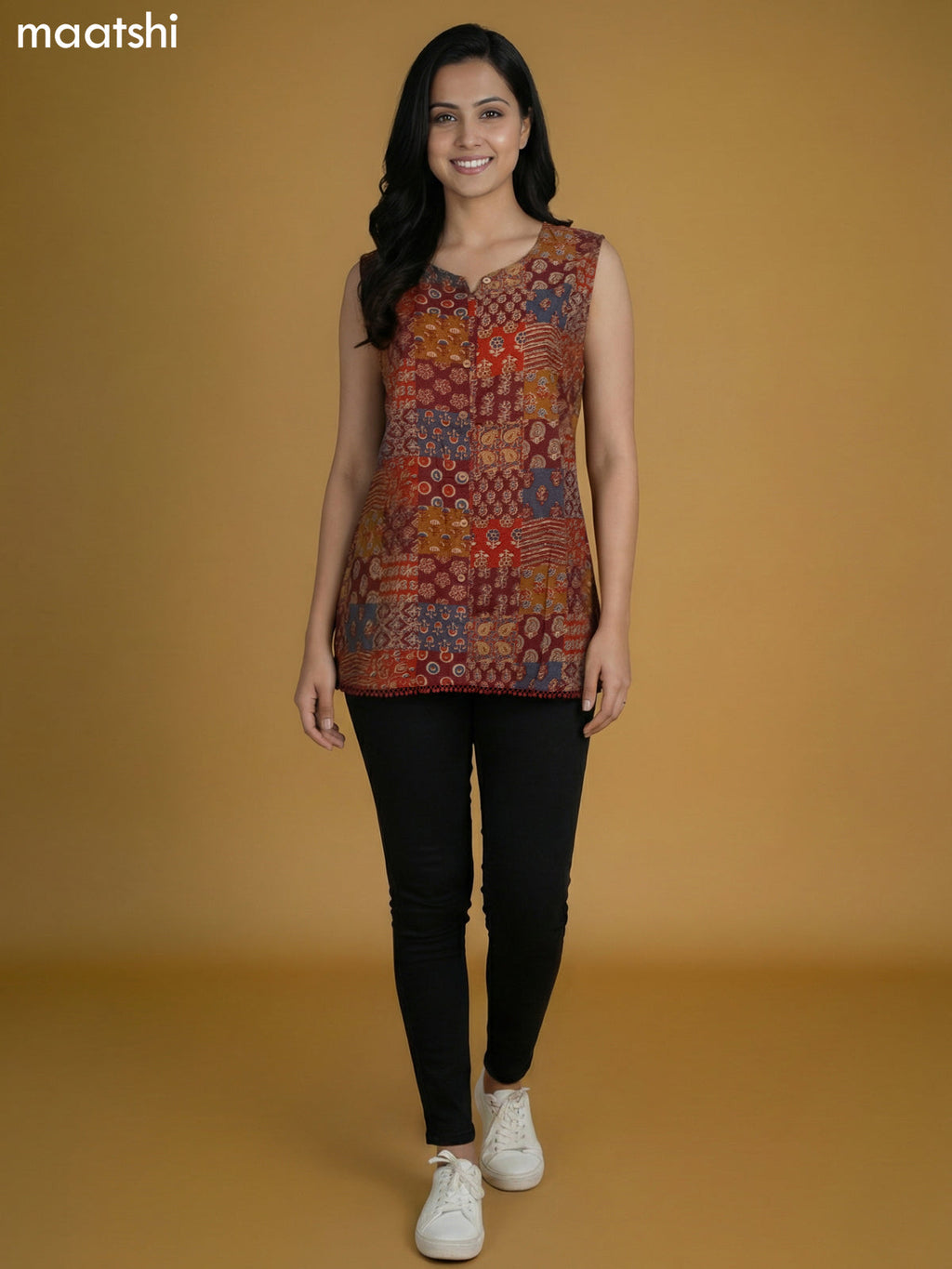 Maroon and Multi Colour Cotton Printed Short Kurti