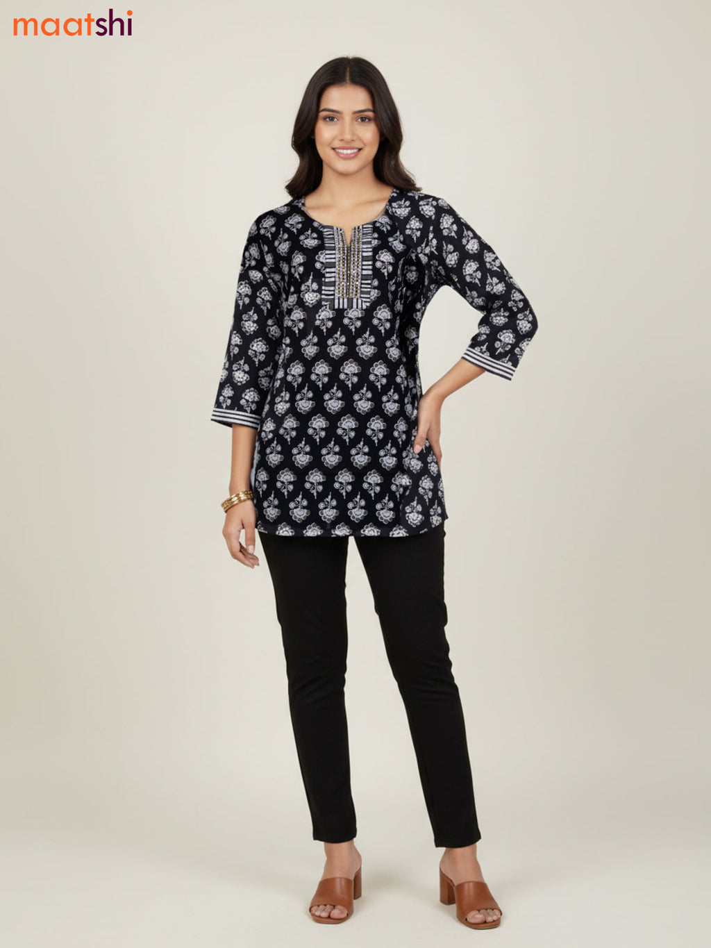 Black Cotton Printed Short Kurti