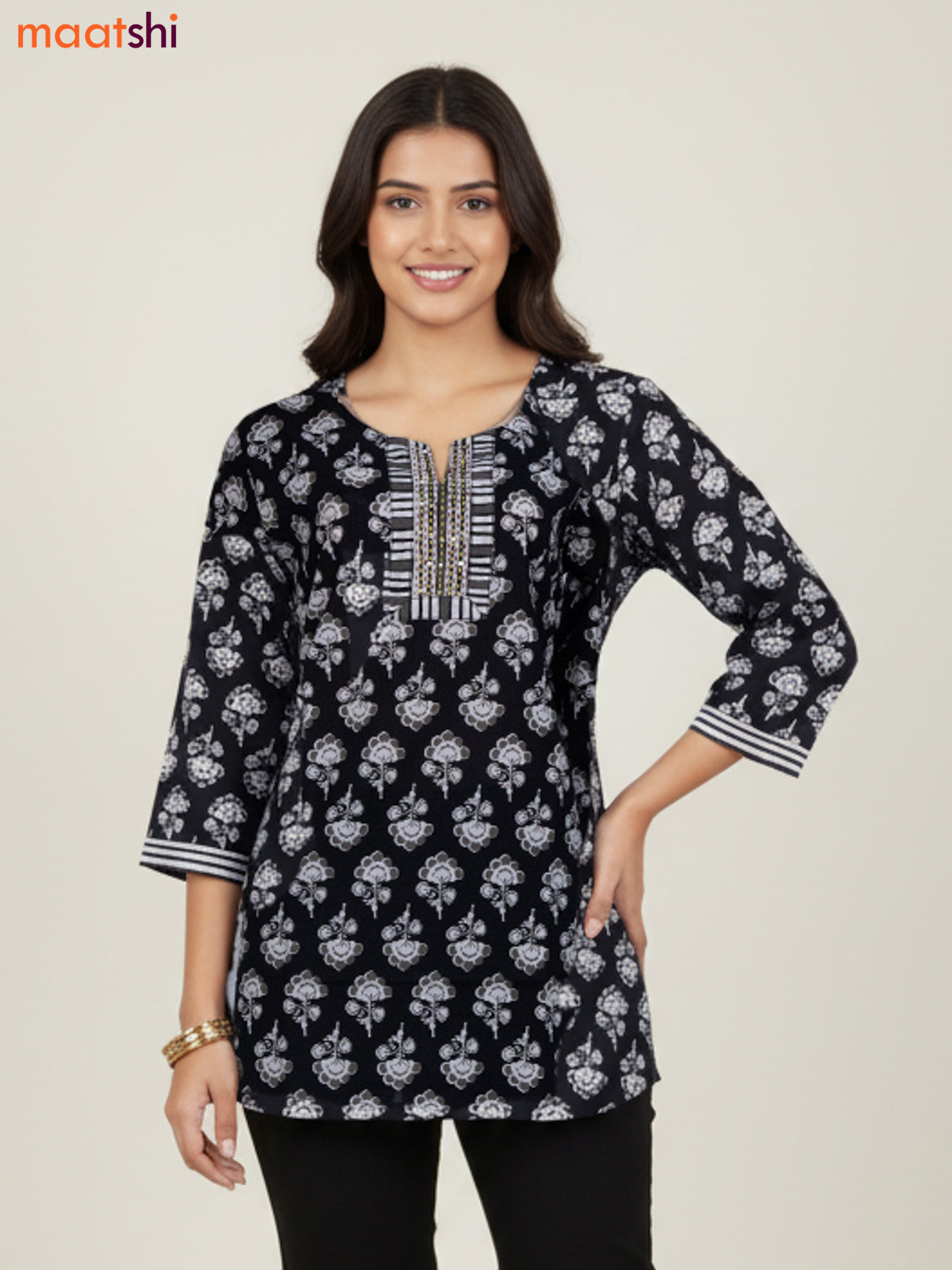 Black Cotton Printed Short Kurti