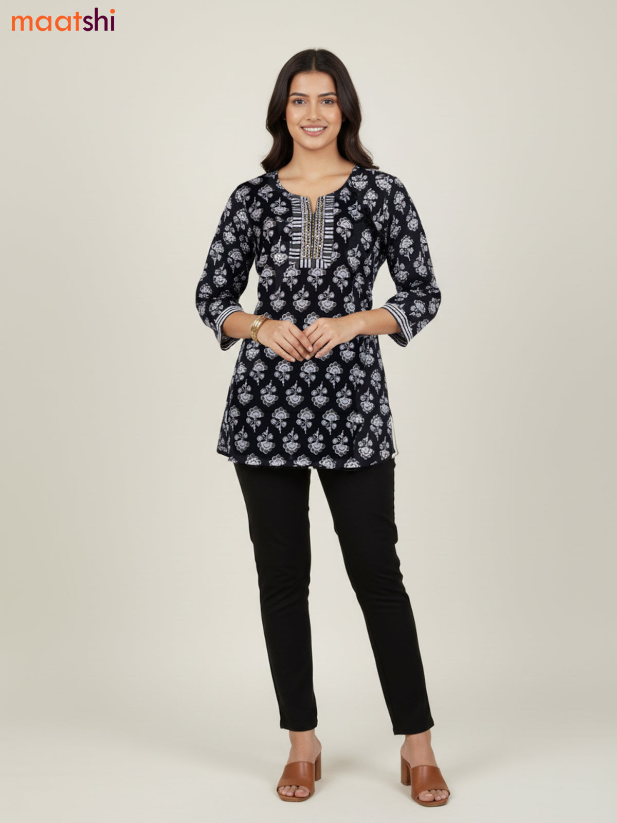 Black Cotton Printed Short Kurti