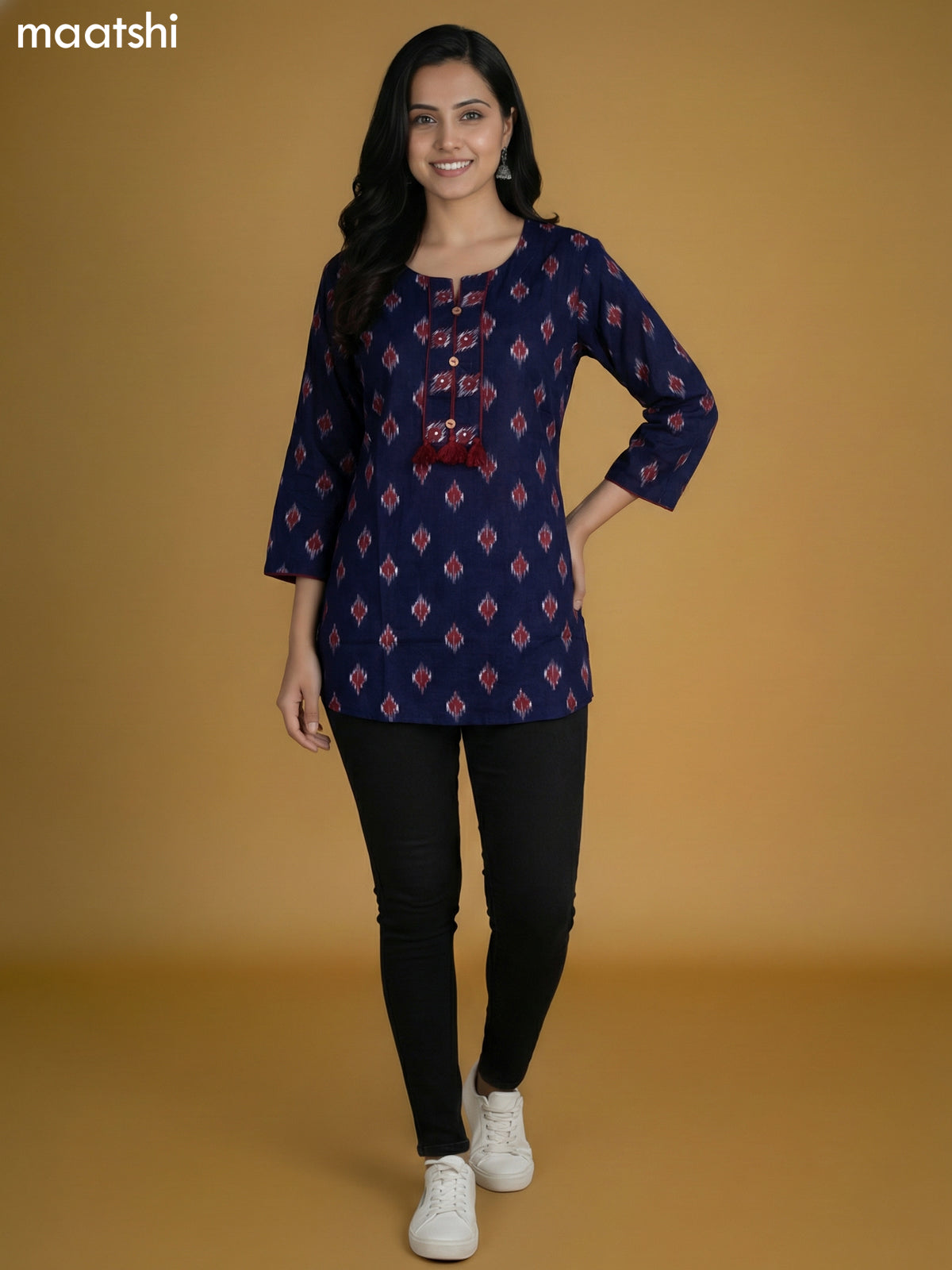 Navy Blue Cotton Ikat Printed Short Kurti