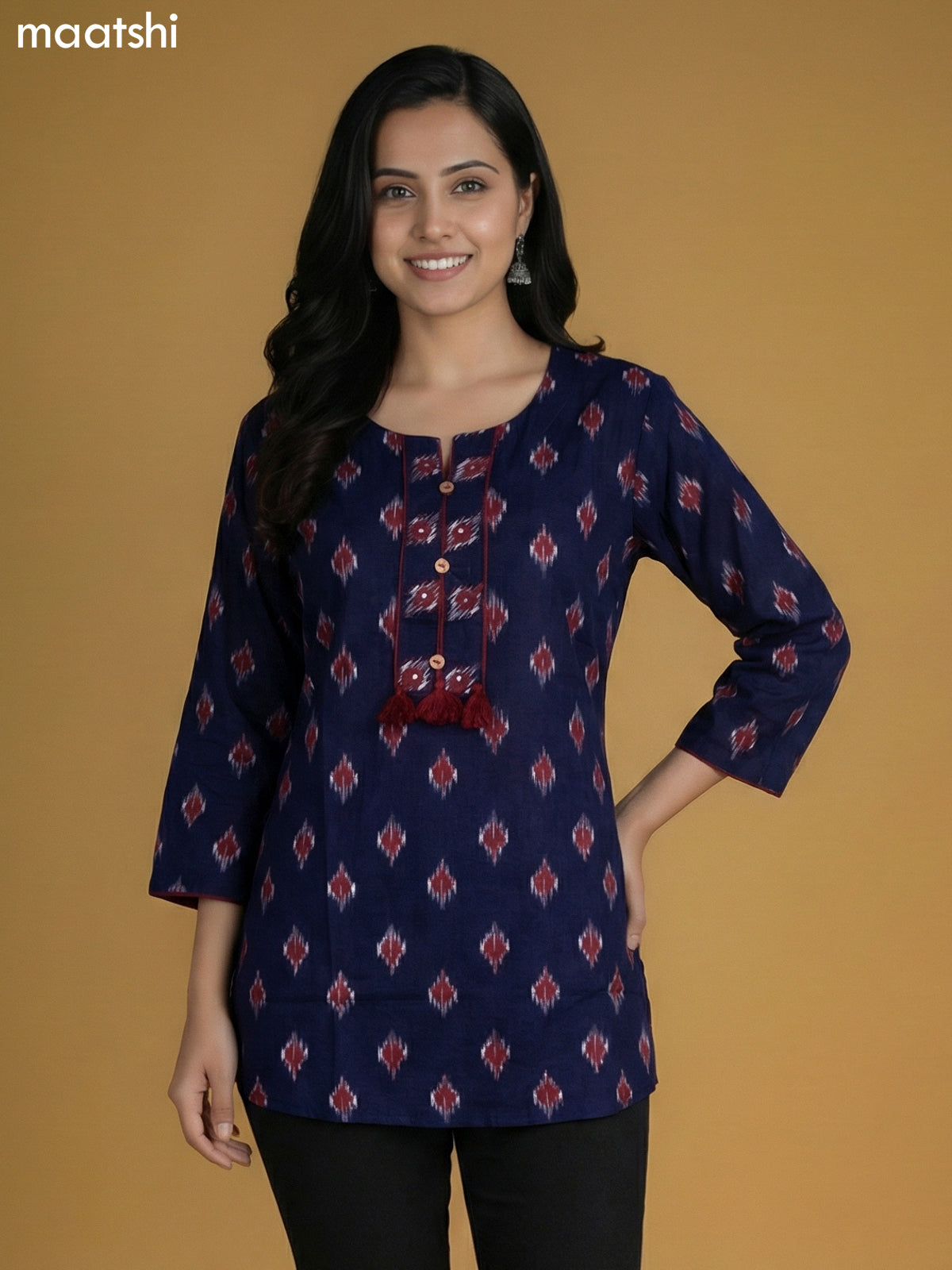 Navy Blue Cotton Ikat Printed Short Kurti