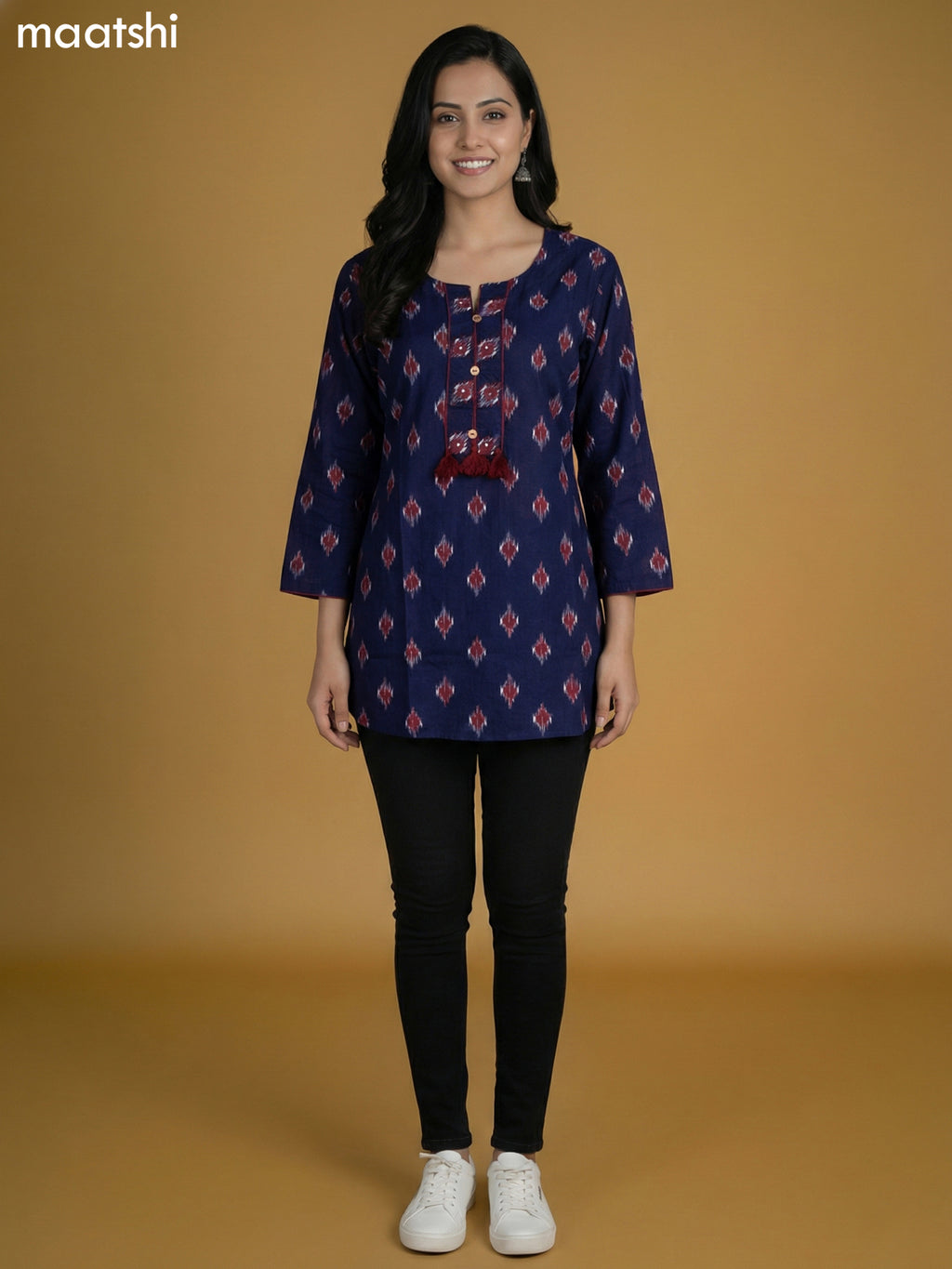 Navy Blue Cotton Ikat Printed Short Kurti