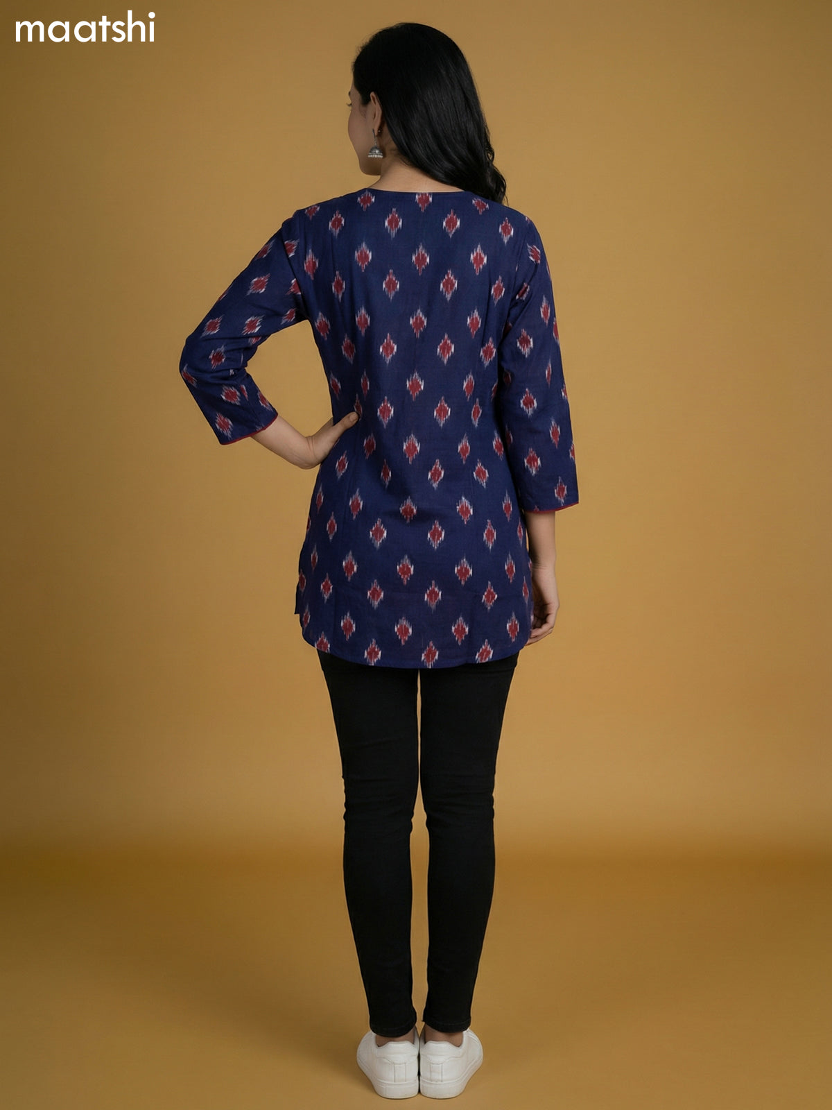 Navy Blue Cotton Ikat Printed Short Kurti