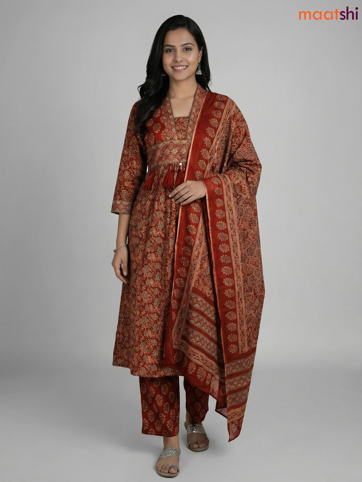 Maroon Cotton Ajrakh Printed Anarkali Suit