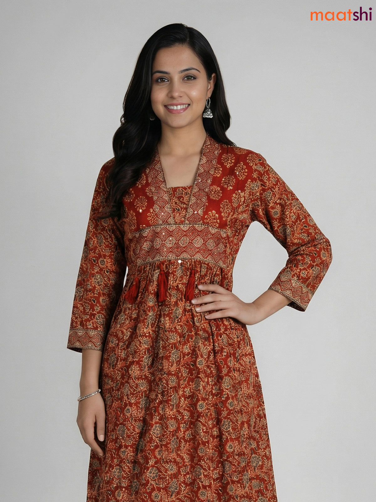 Maroon Cotton Ajrakh Printed Anarkali Suit