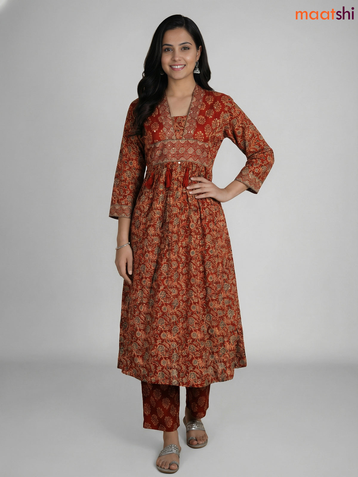 Maroon Cotton Ajrakh Printed Anarkali Suit