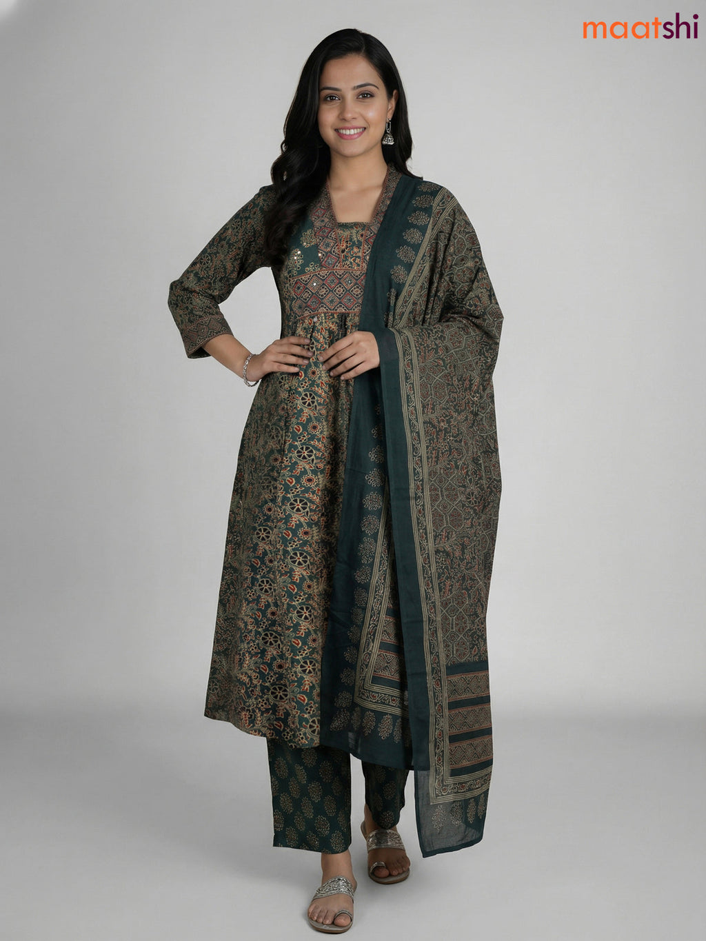 Green Cotton Ajrakh Printed Anarkali Suit