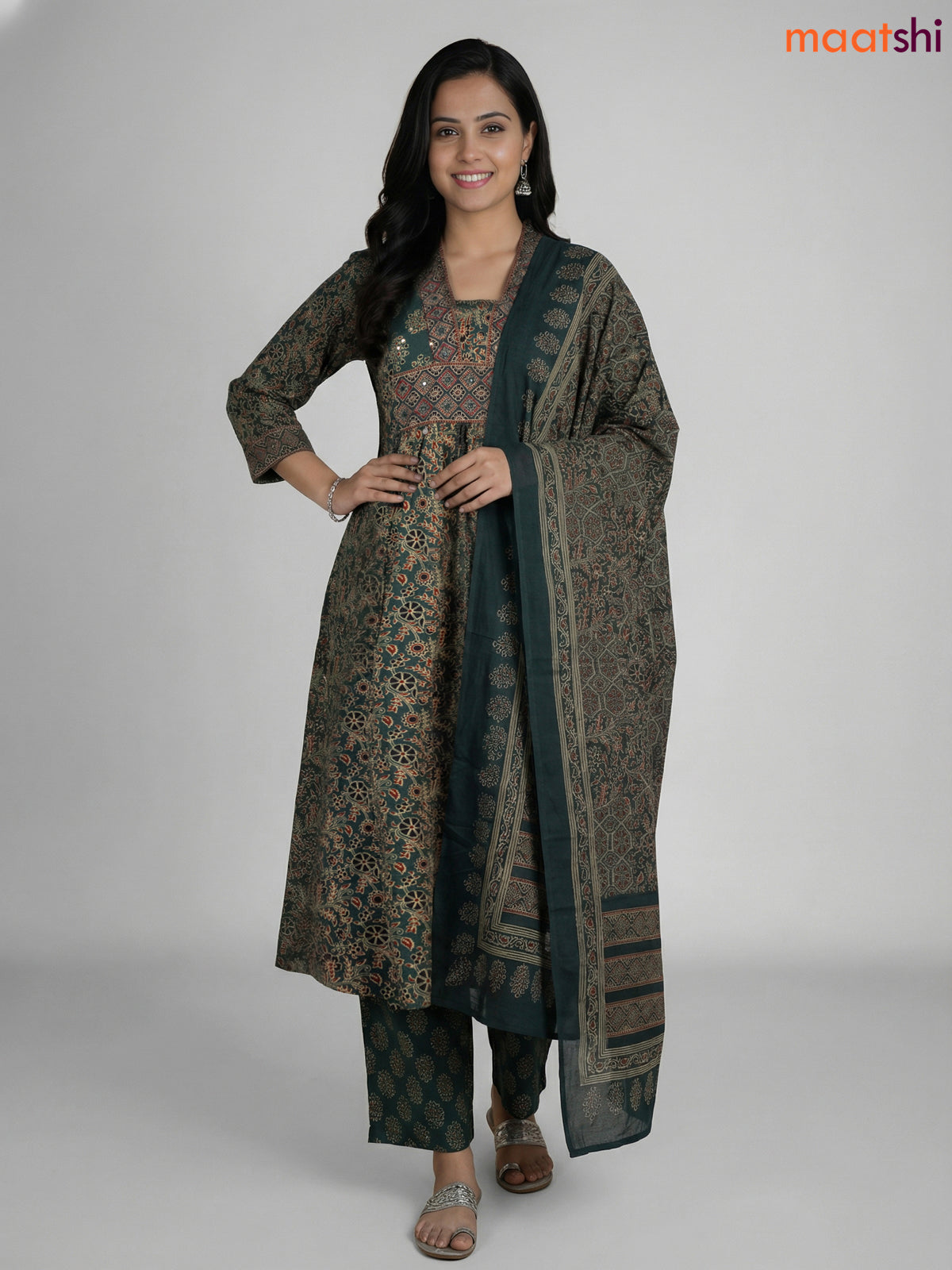Green Cotton Ajrakh Printed Anarkali Suit
