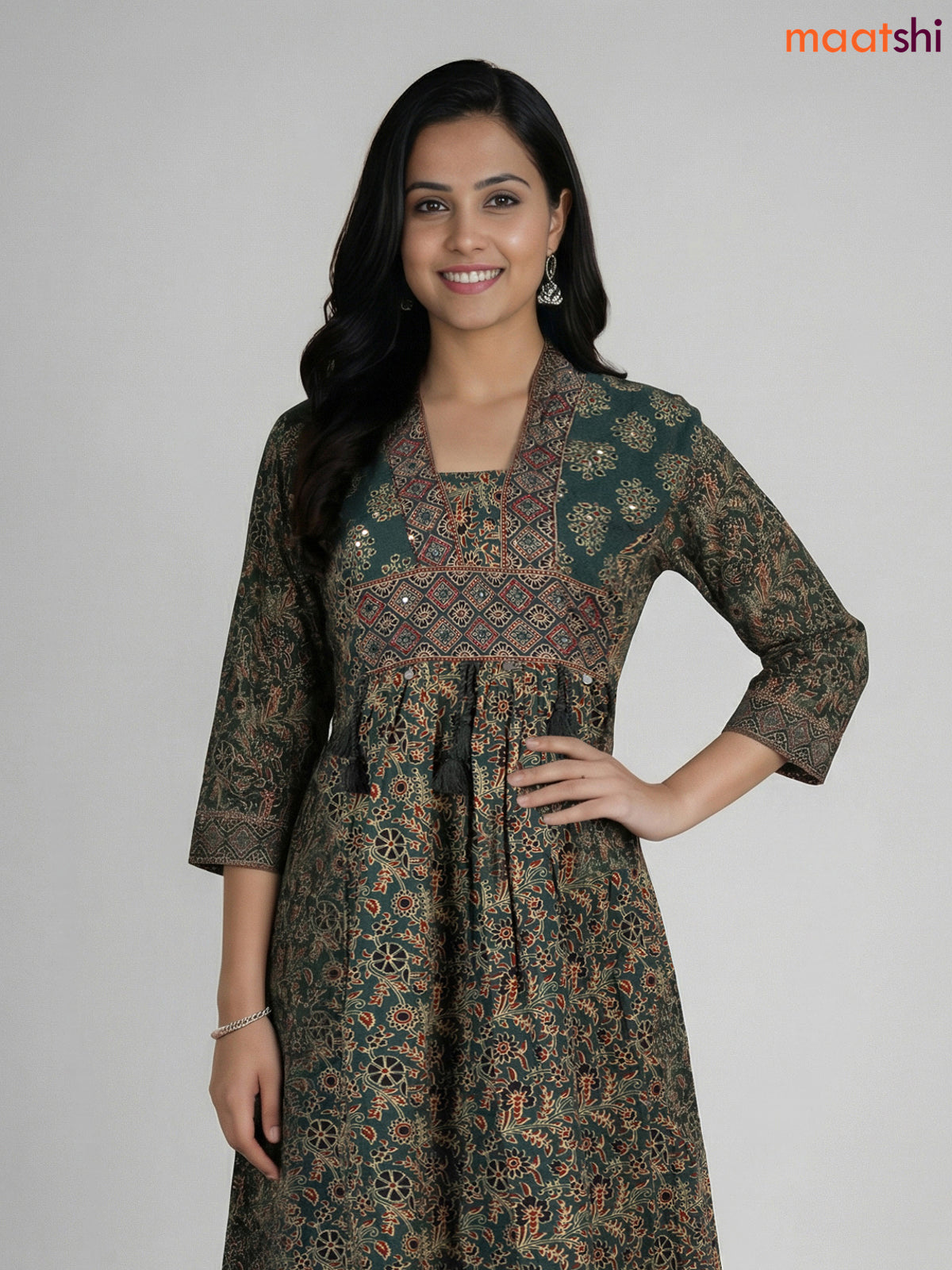 Green Cotton Ajrakh Printed Anarkali Suit