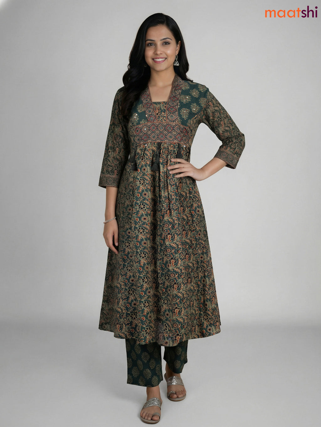 Green Cotton Ajrakh Printed Anarkali Suit