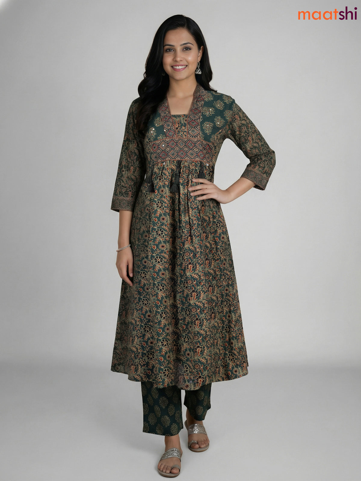 Green Cotton Ajrakh Printed Anarkali Suit