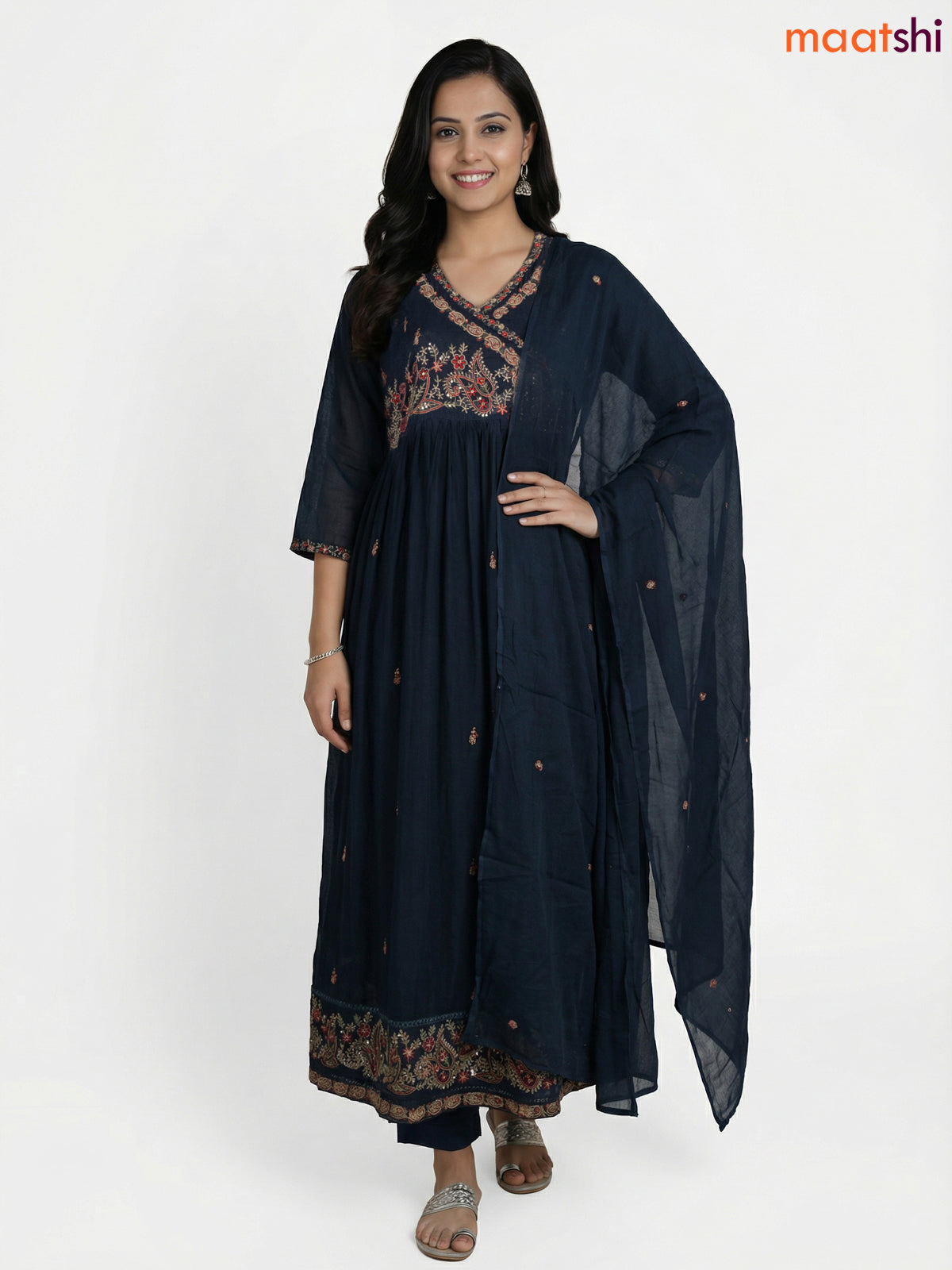 Dark Peacock Blue Cotton Embroidery Work Anarkali Suit