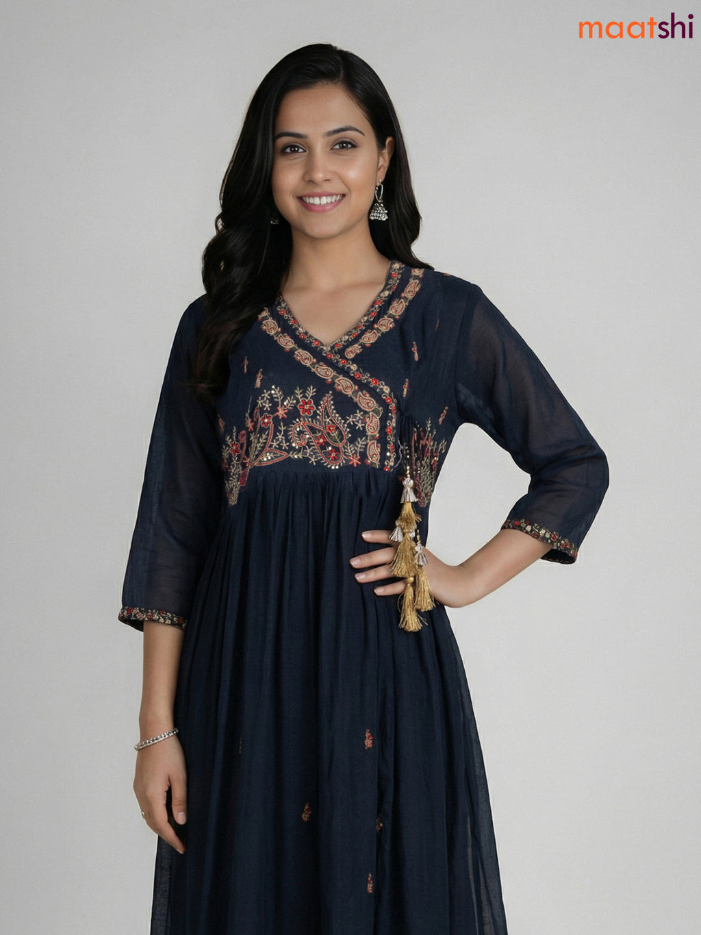 Dark Peacock Blue Cotton Embroidery Work Anarkali Suit