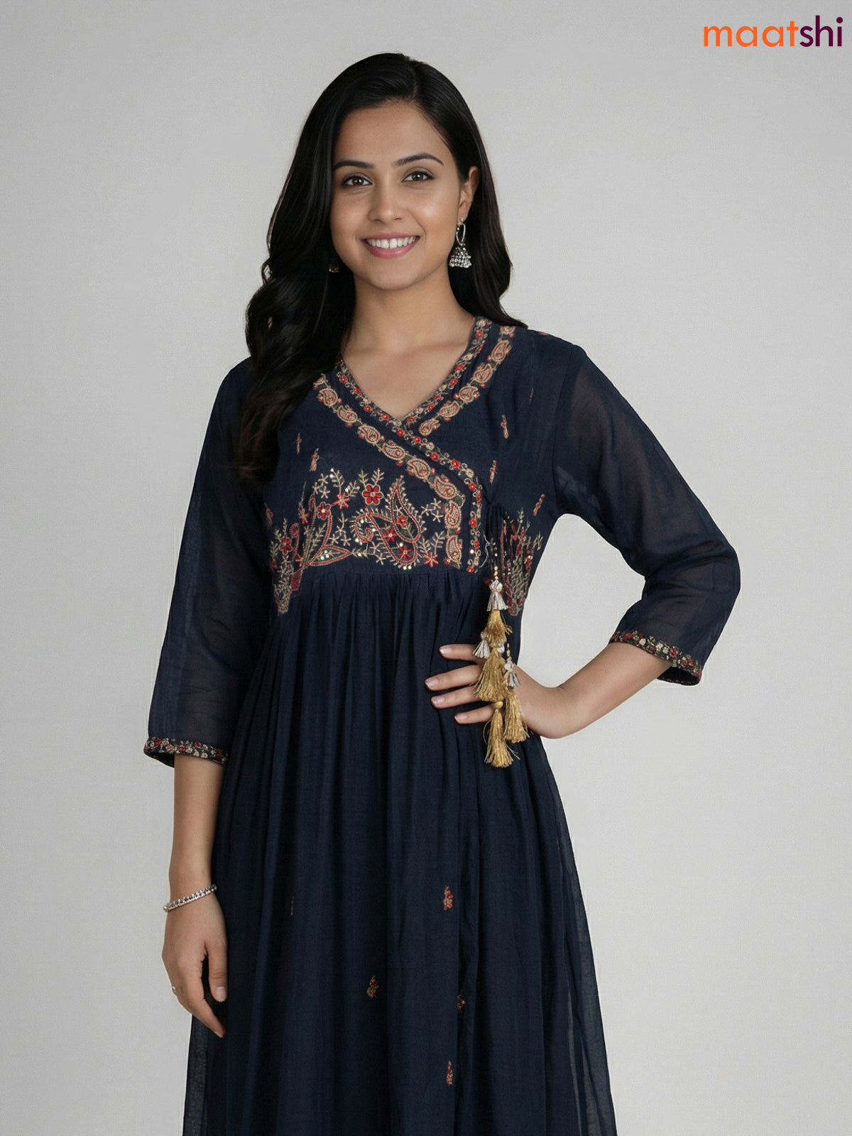 Dark Peacock Blue Cotton Embroidery Work Anarkali Suit