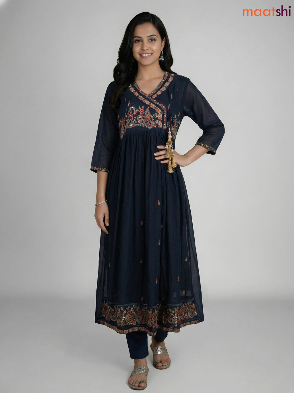 Dark Peacock Blue Cotton Embroidery Work Anarkali Suit
