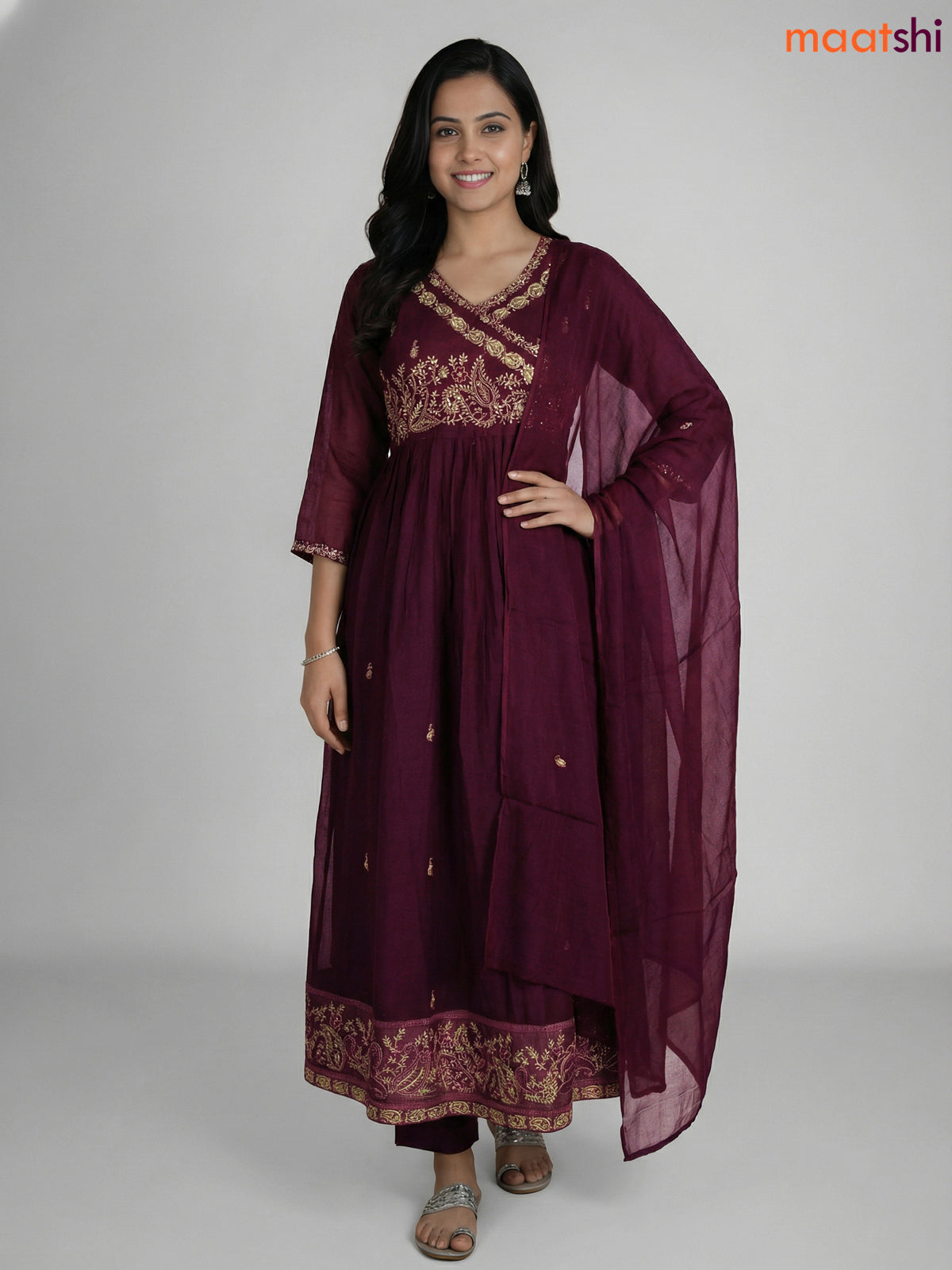 Deep Wine Shade Cotton Embroidery Work Anarkali Suit