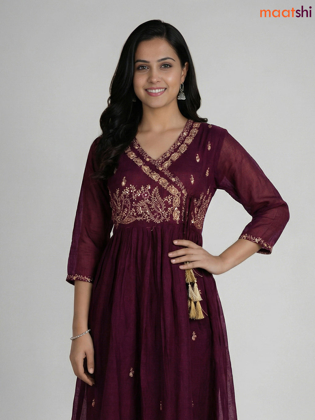 Deep Wine Shade Cotton Embroidery Work Anarkali Suit