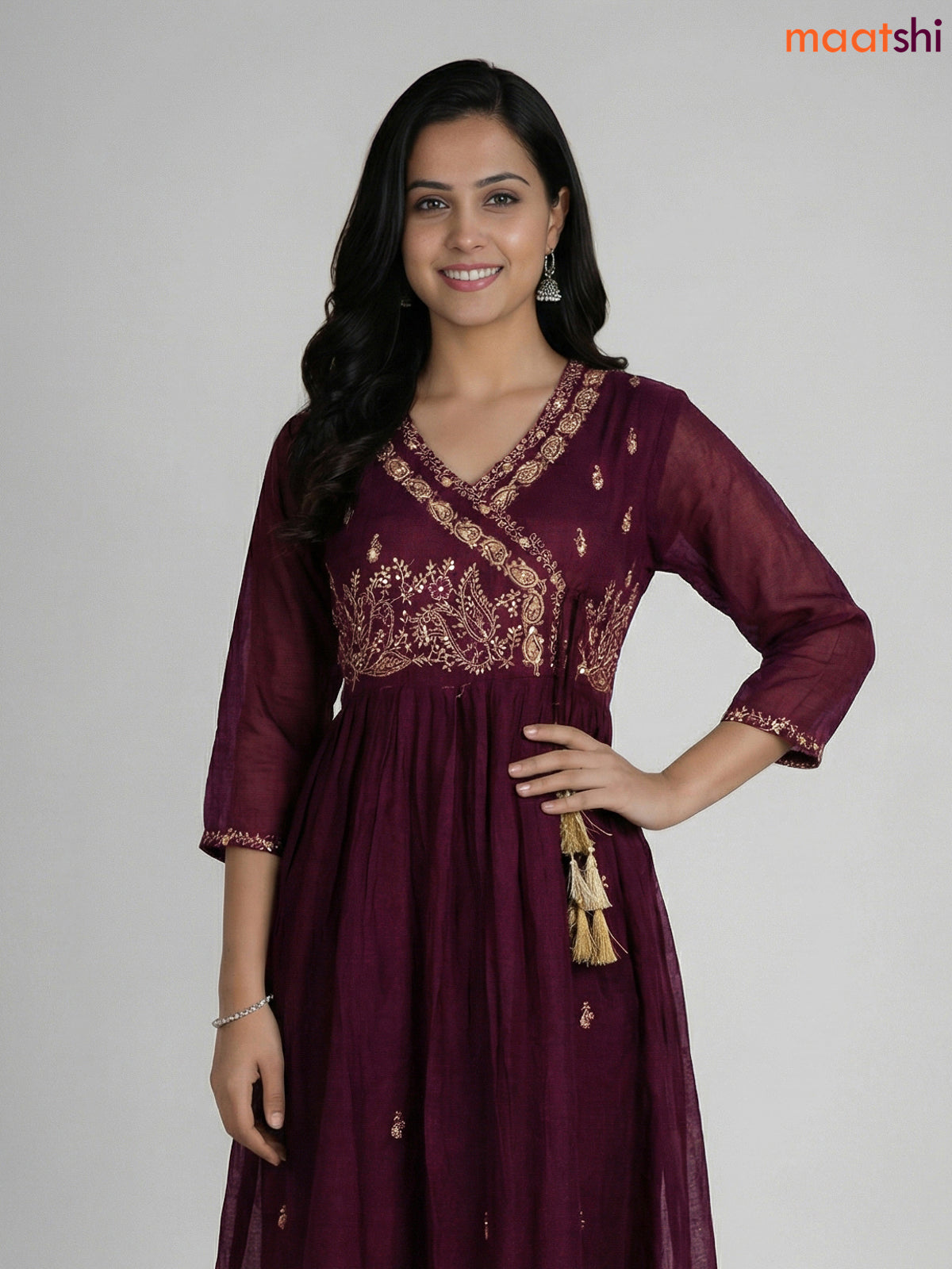 Deep Wine Shade Cotton Embroidery Work Anarkali Suit