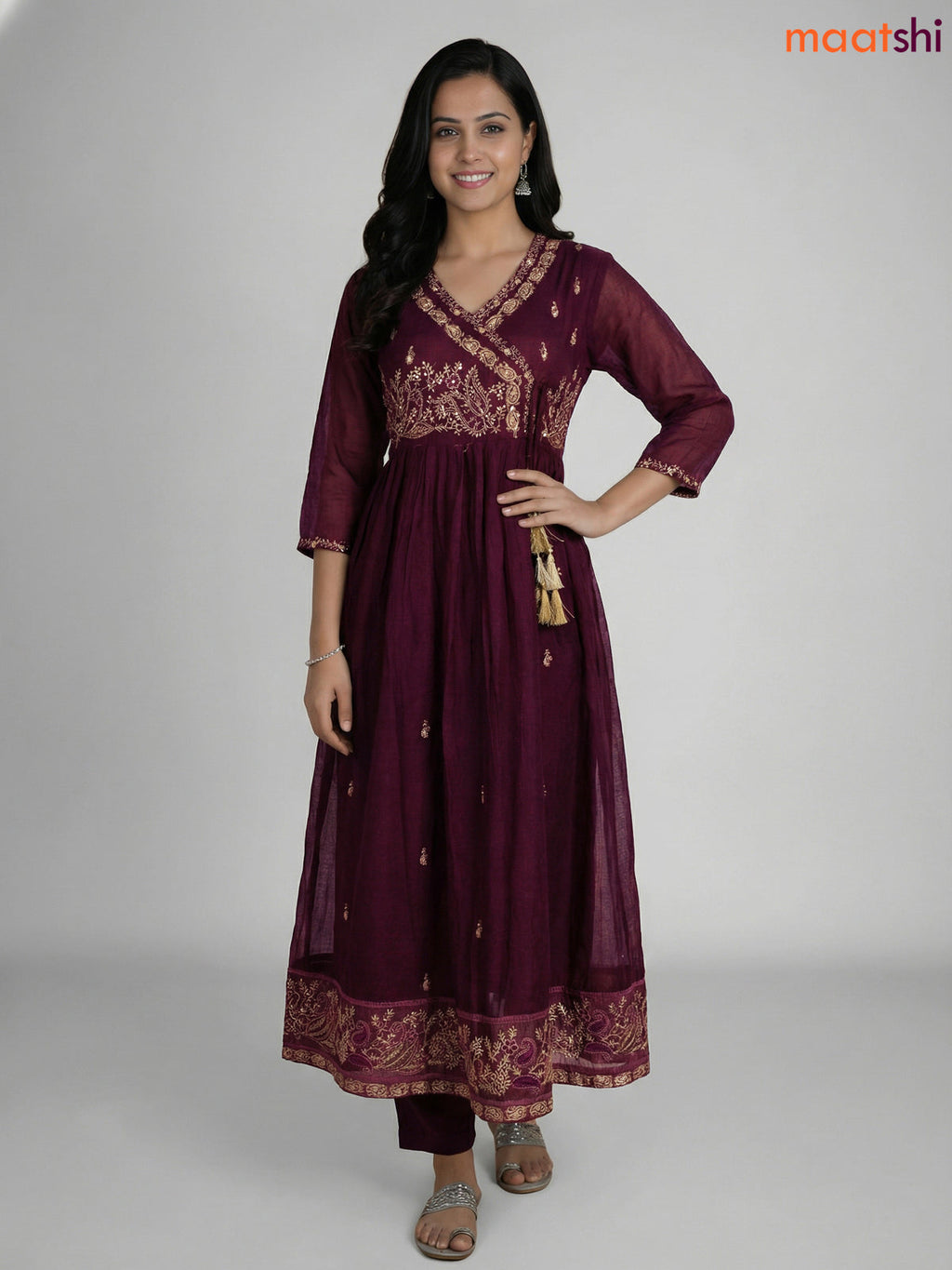 Deep Wine Shade Cotton Embroidery Work Anarkali Suit