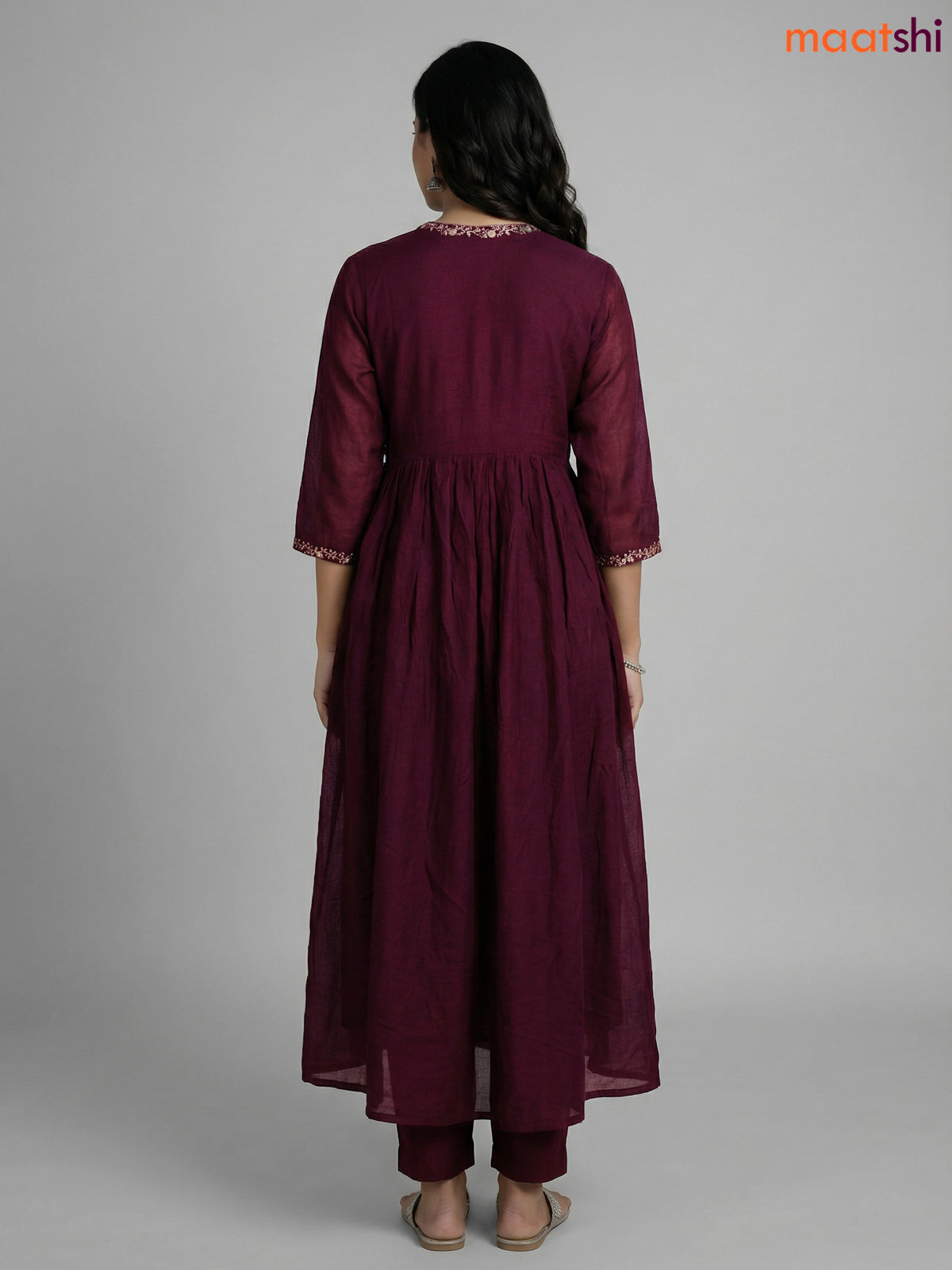 Deep Wine Shade Cotton Embroidery Work Anarkali Suit