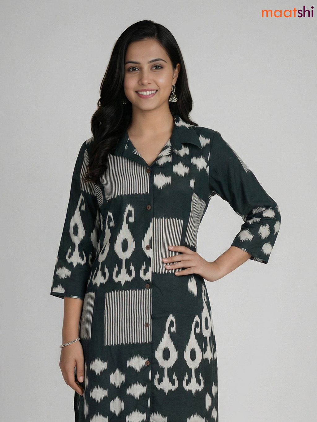 Green and Off White Cotton Ikat Printed Co-Ord Set