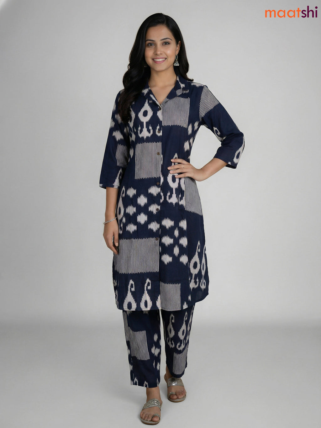 Navy Blue and Off White Cotton Ikat Printed Co-Ord Set