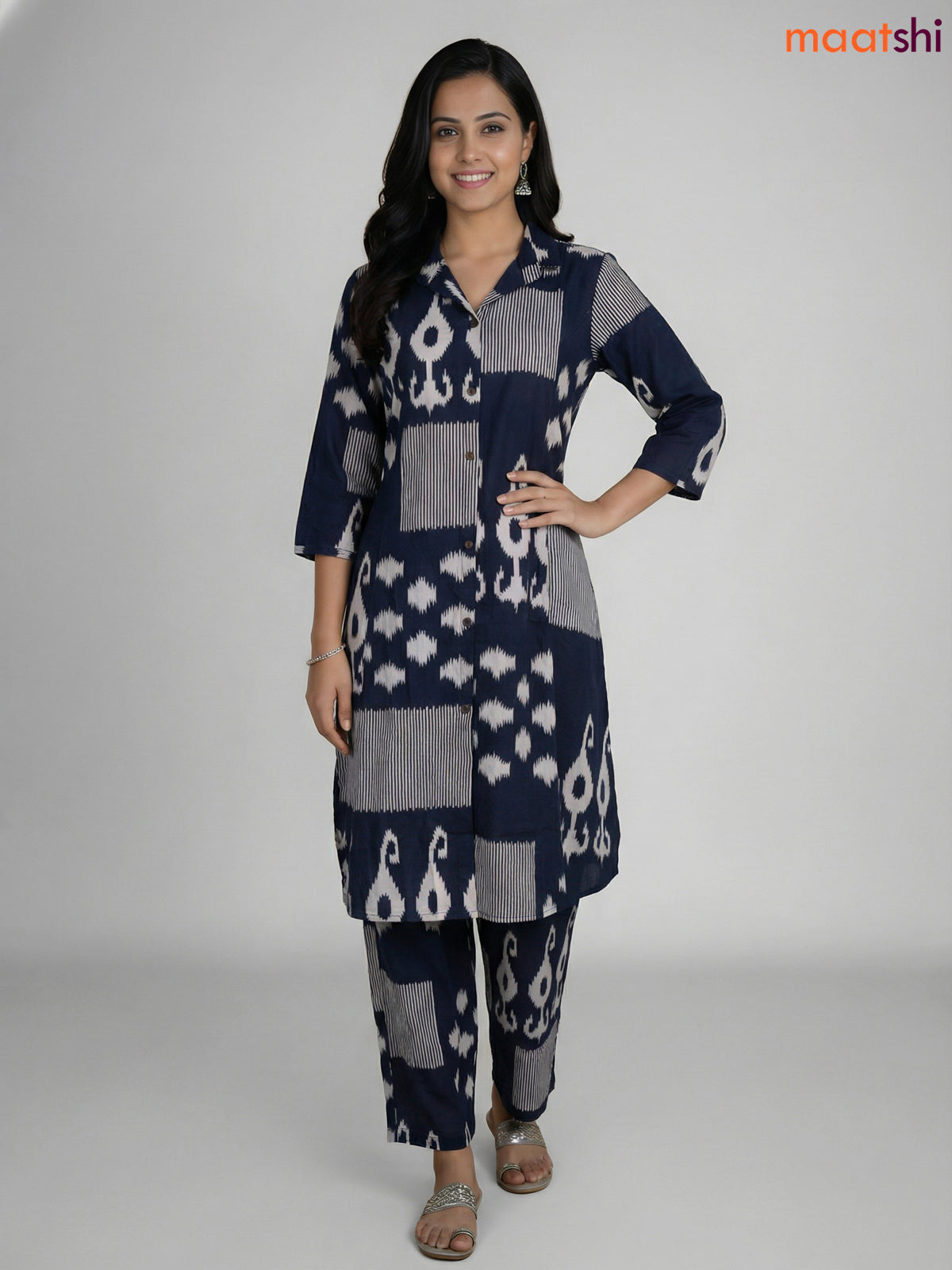 Navy Blue and Off White Cotton Ikat Printed Co-Ord Set