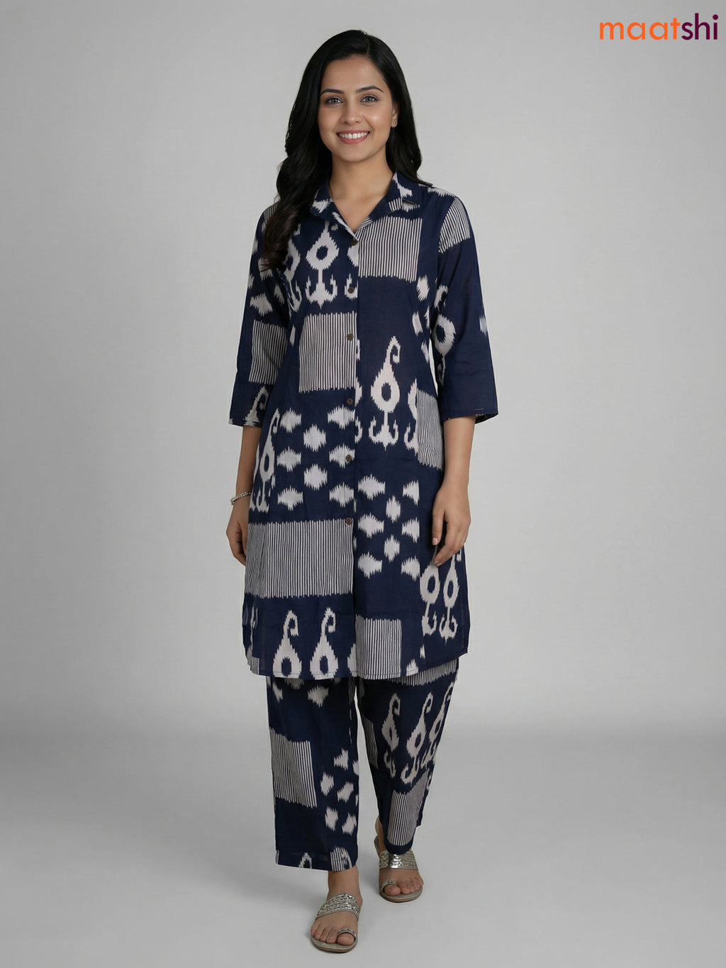 Navy Blue and Off White Cotton Ikat Printed Co-Ord Set