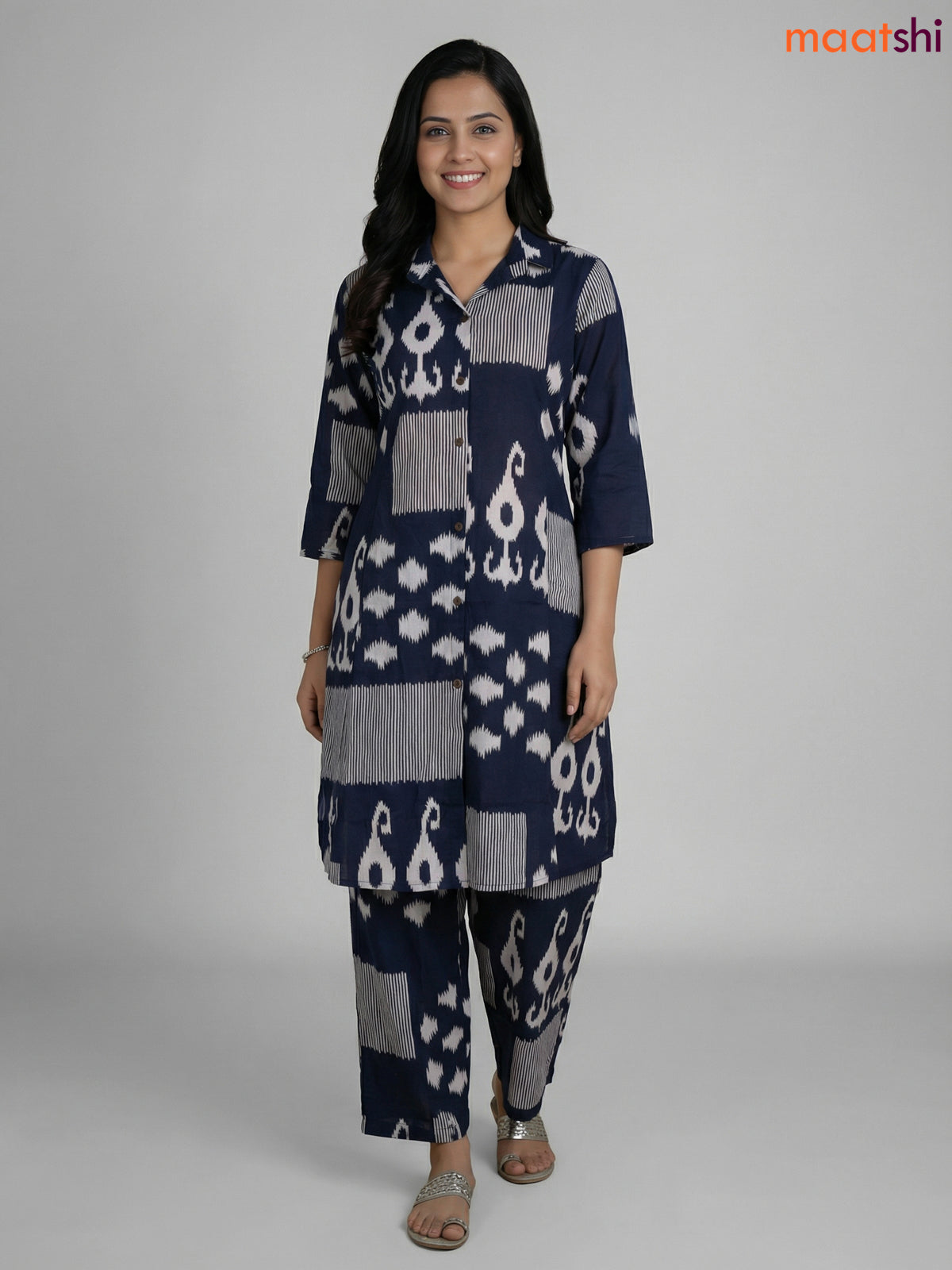 Navy Blue and Off White Cotton Ikat Printed Co-Ord Set
