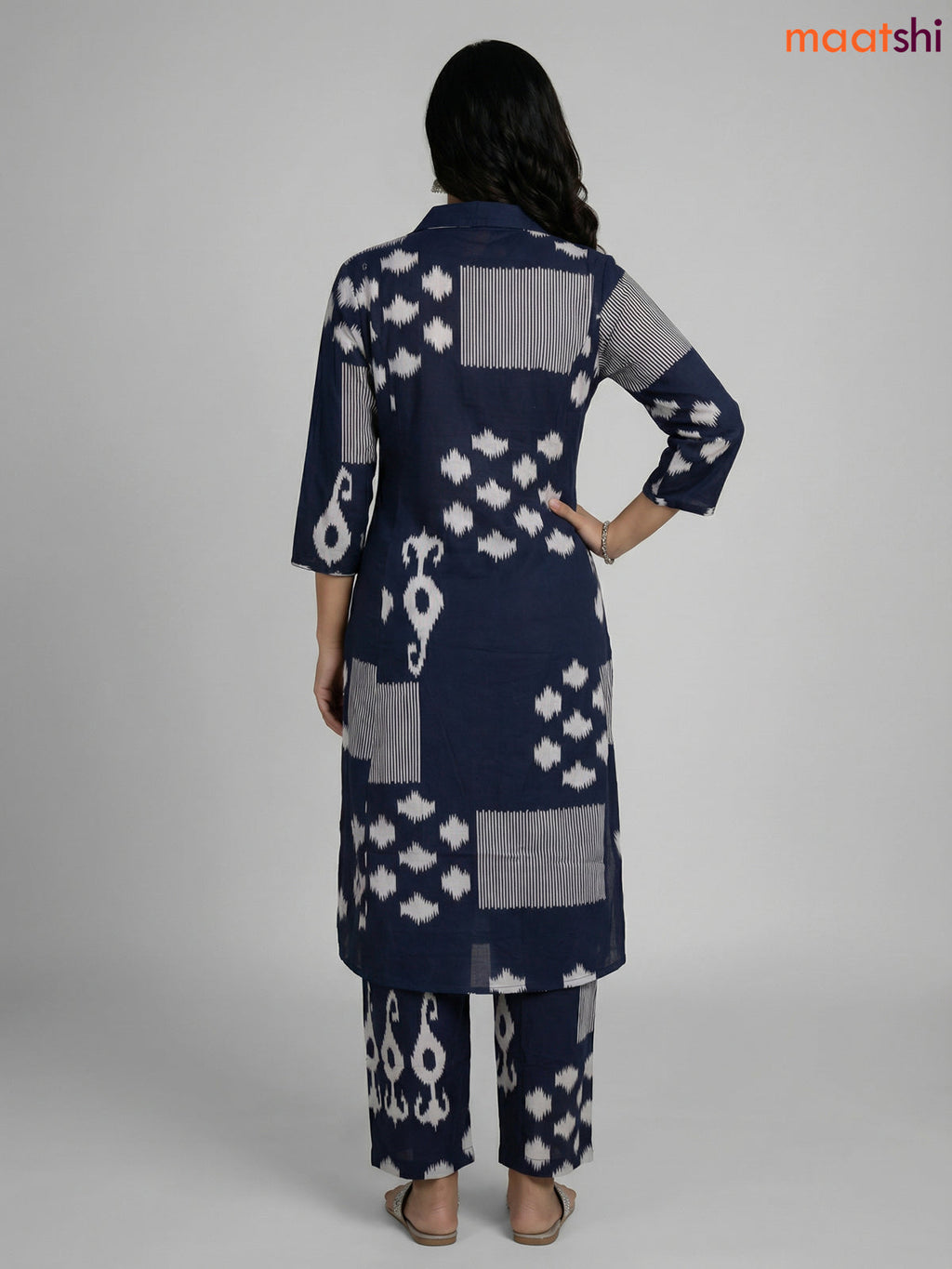 Navy Blue and Off White Cotton Ikat Printed Co-Ord Set