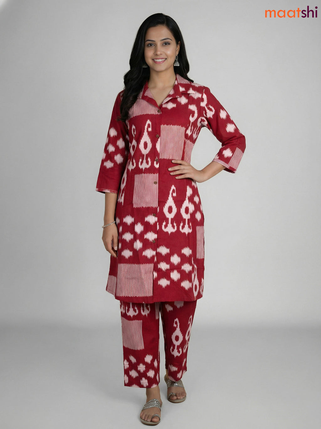 Maroon and Off White Cotton Ikat Printed Co-Ord Set