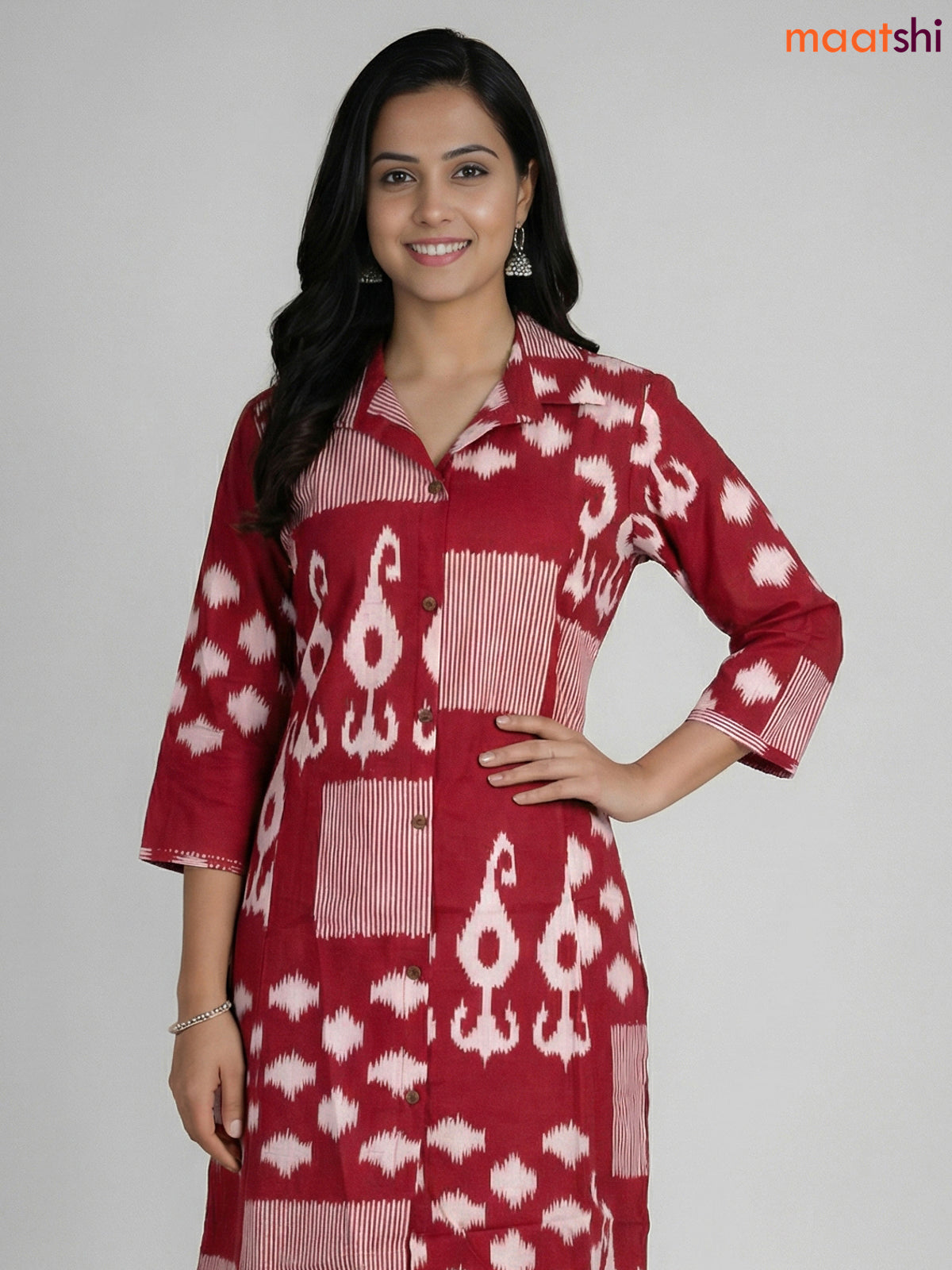 Maroon and Off White Cotton Ikat Printed Co-Ord Set