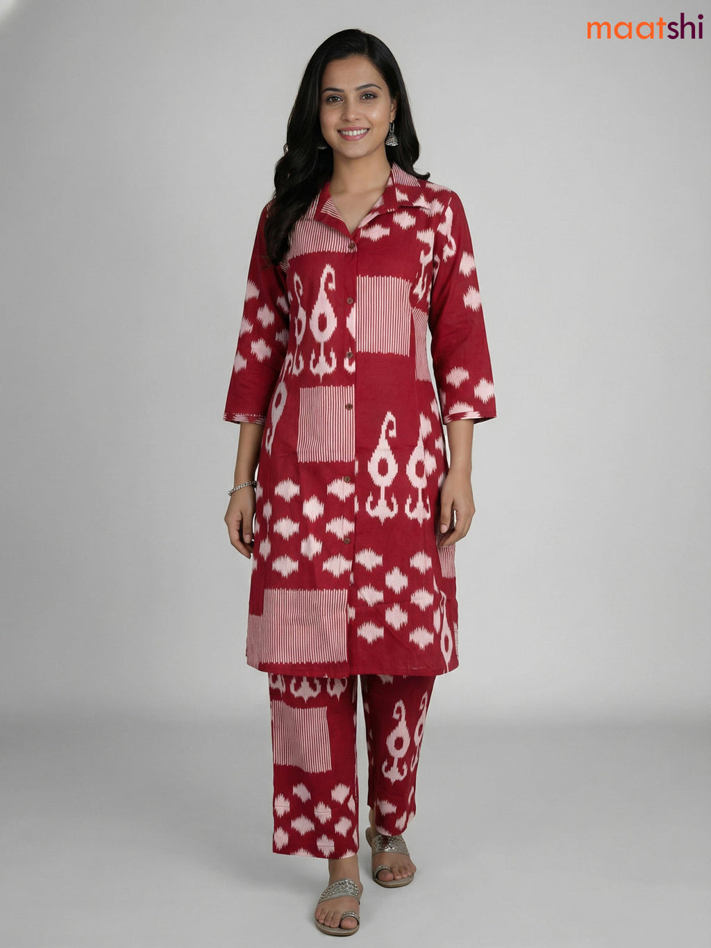 Maroon and Off White Cotton Ikat Printed Co-Ord Set