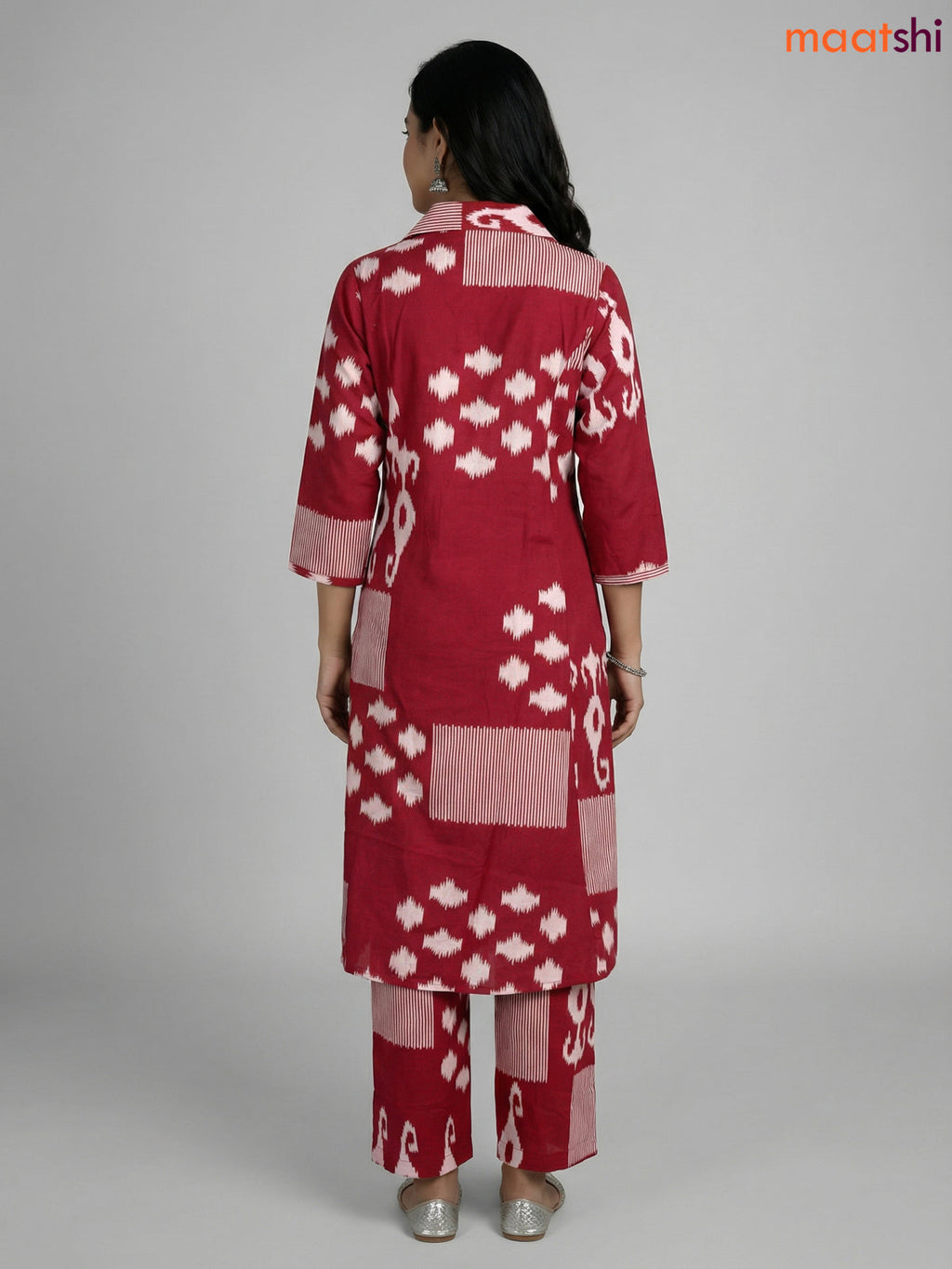 Maroon and Off White Cotton Ikat Printed Co-Ord Set