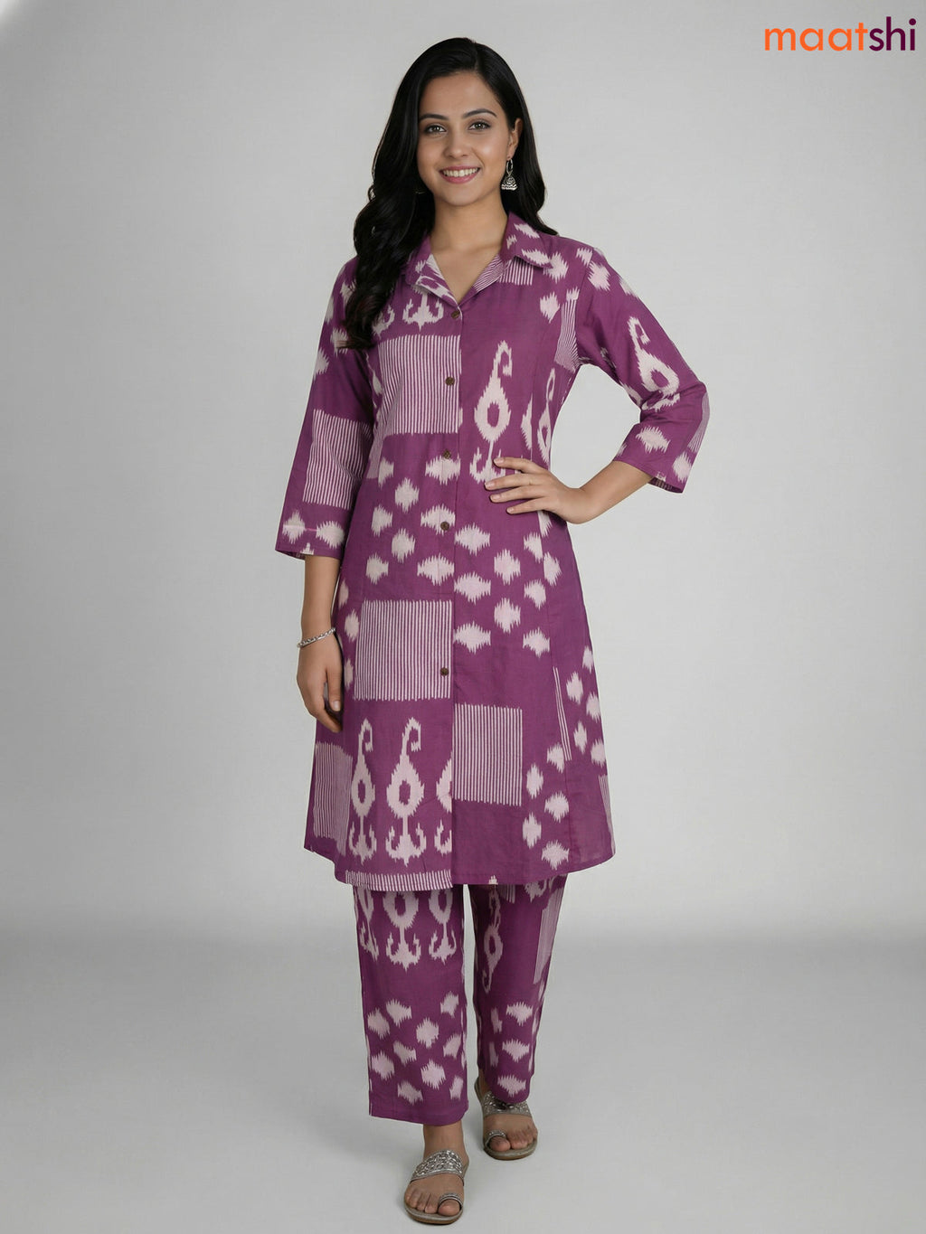Mauve Pink and Off White Cotton Ikat Printed Co-Ord Set