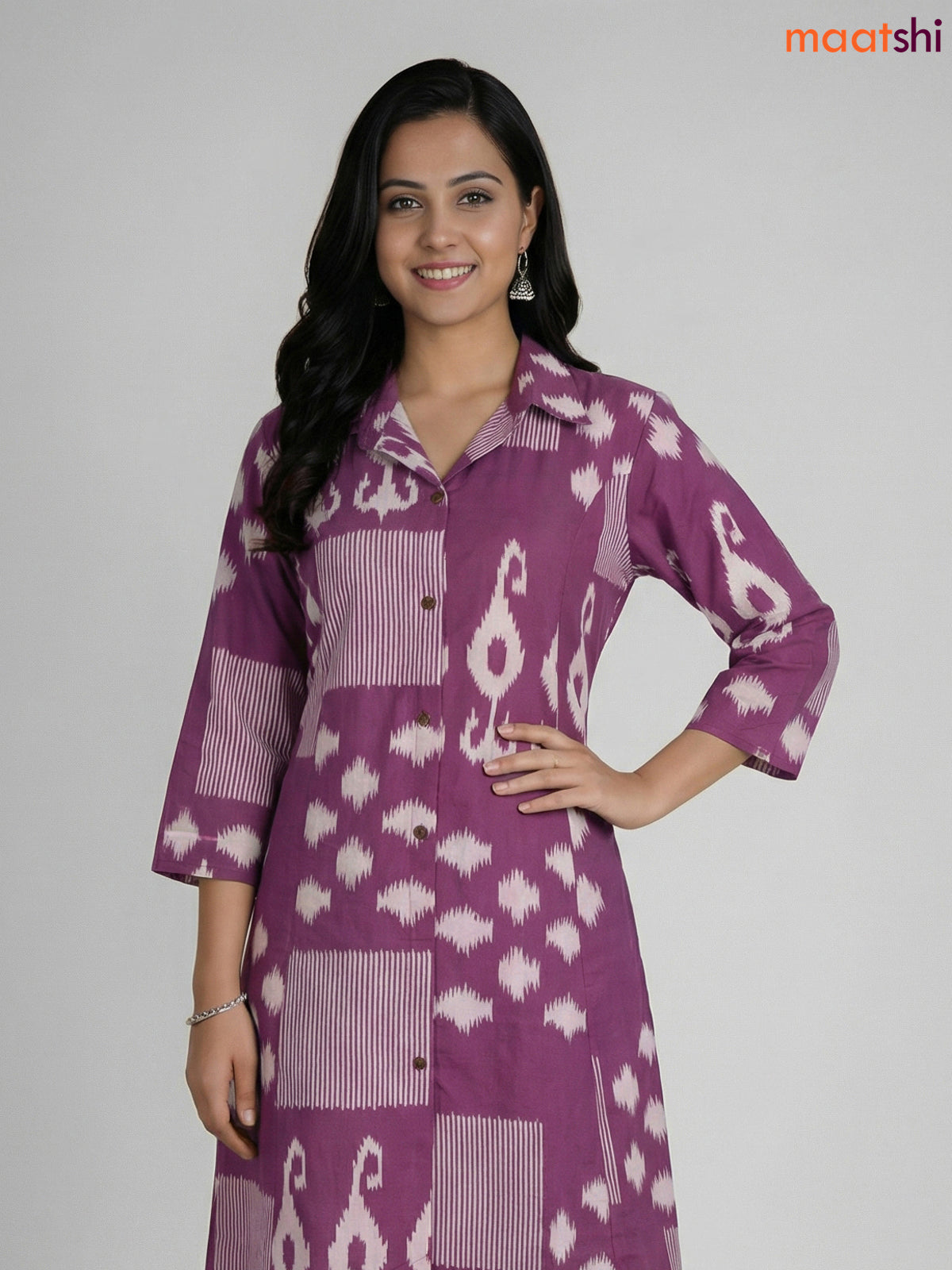 Mauve Pink and Off White Cotton Ikat Printed Co-Ord Set