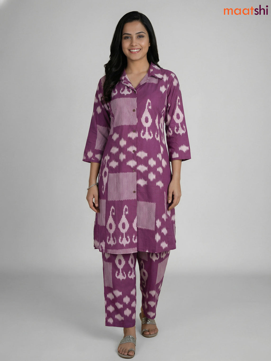 Mauve Pink and Off White Cotton Ikat Printed Co-Ord Set