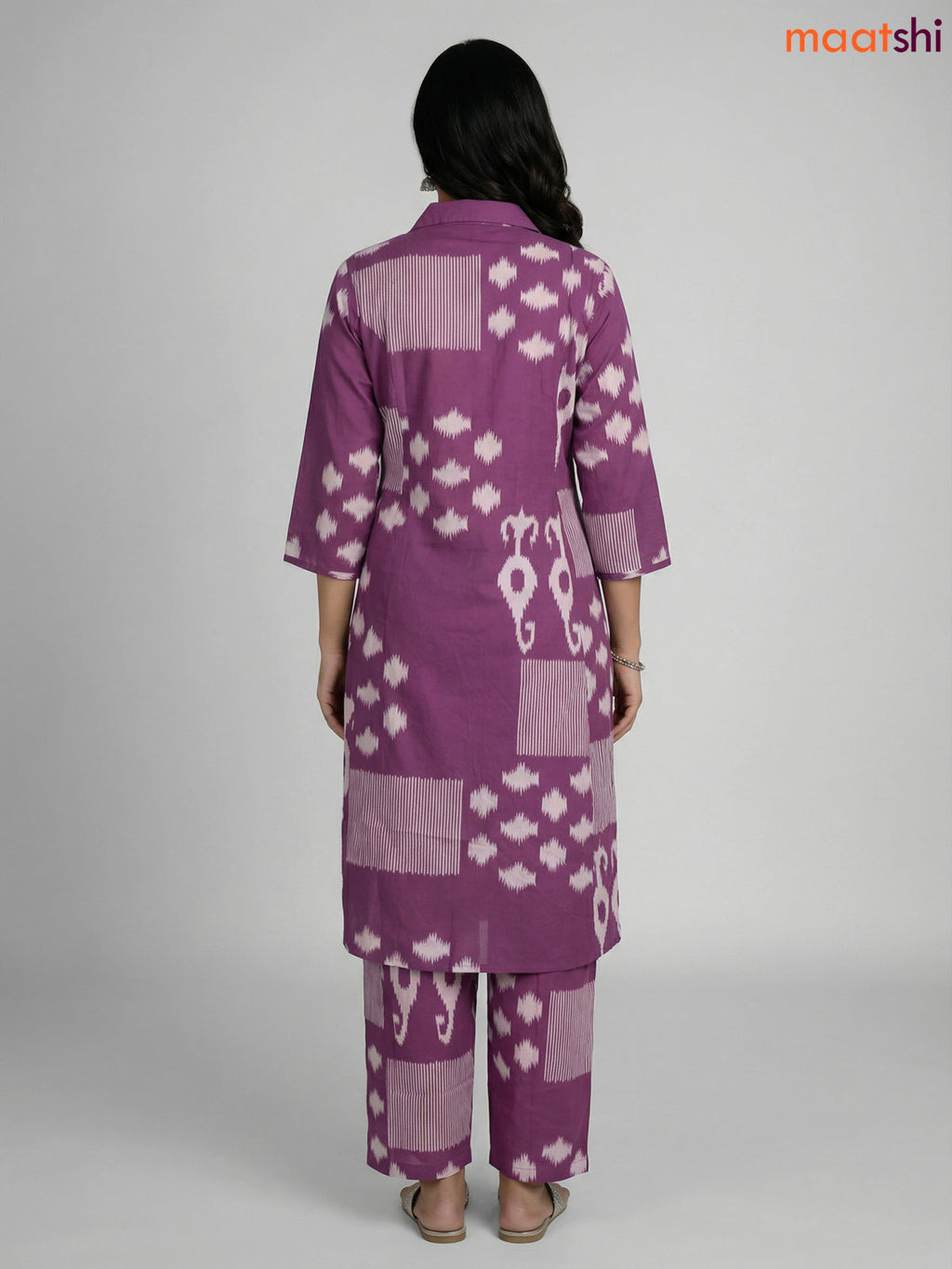 Mauve Pink and Off White Cotton Ikat Printed Co-Ord Set